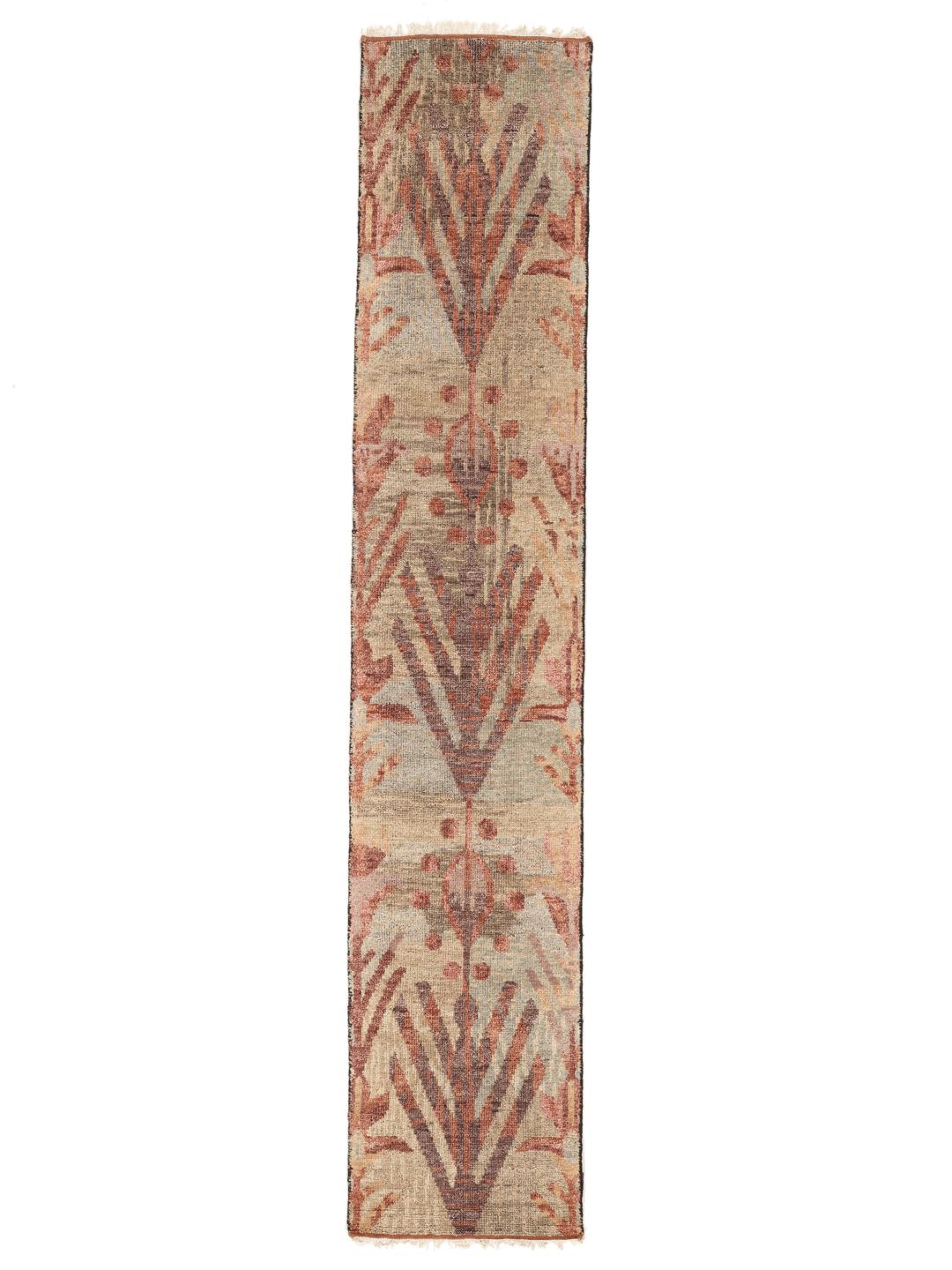 Tapis de couloir en laine Usak Indo fait main, multicolore avec un motif artistique.