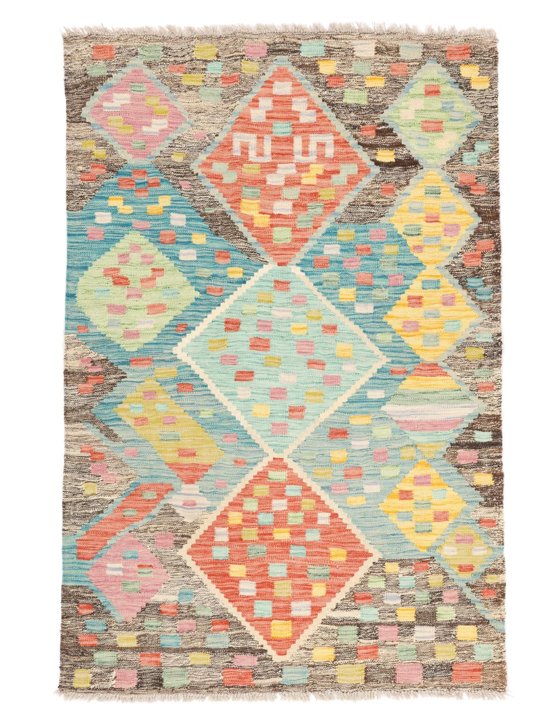 Tappeto kilim afghano tessuto a mano con vivaci motivi geometrici a rombi multicolore