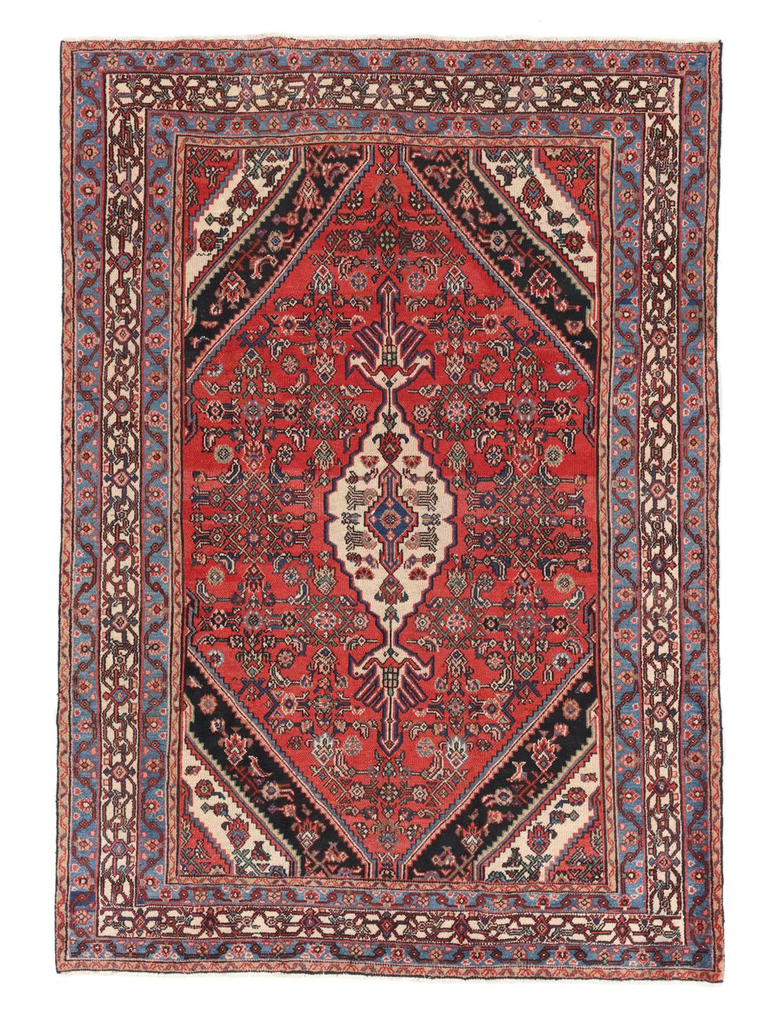 Met de hand geknoopt Hamadan-tapijt uit het Midden-Oosten met een rood medaillon en blauwe accenten