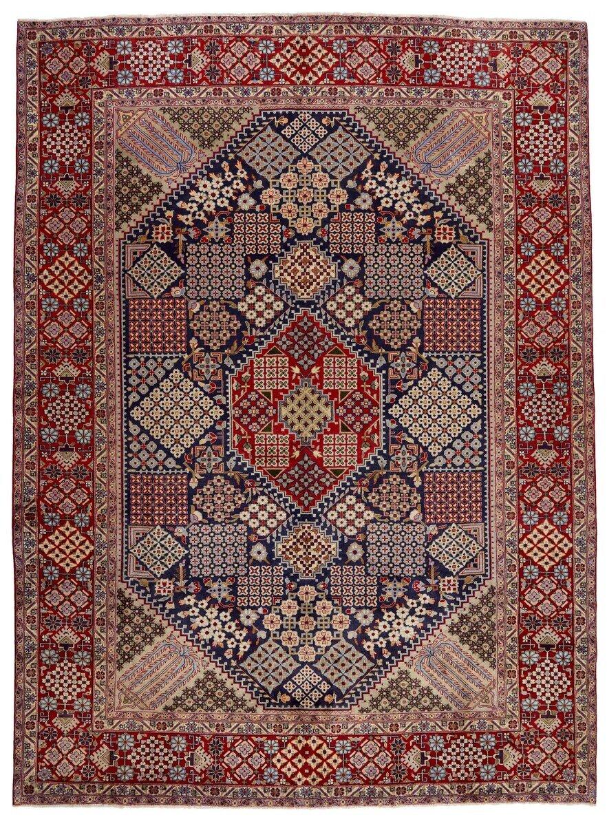 Handgeknoopt Najafabad tapijt uit het Midden-Oosten met een levendig rood en blauw geometrisch patroon