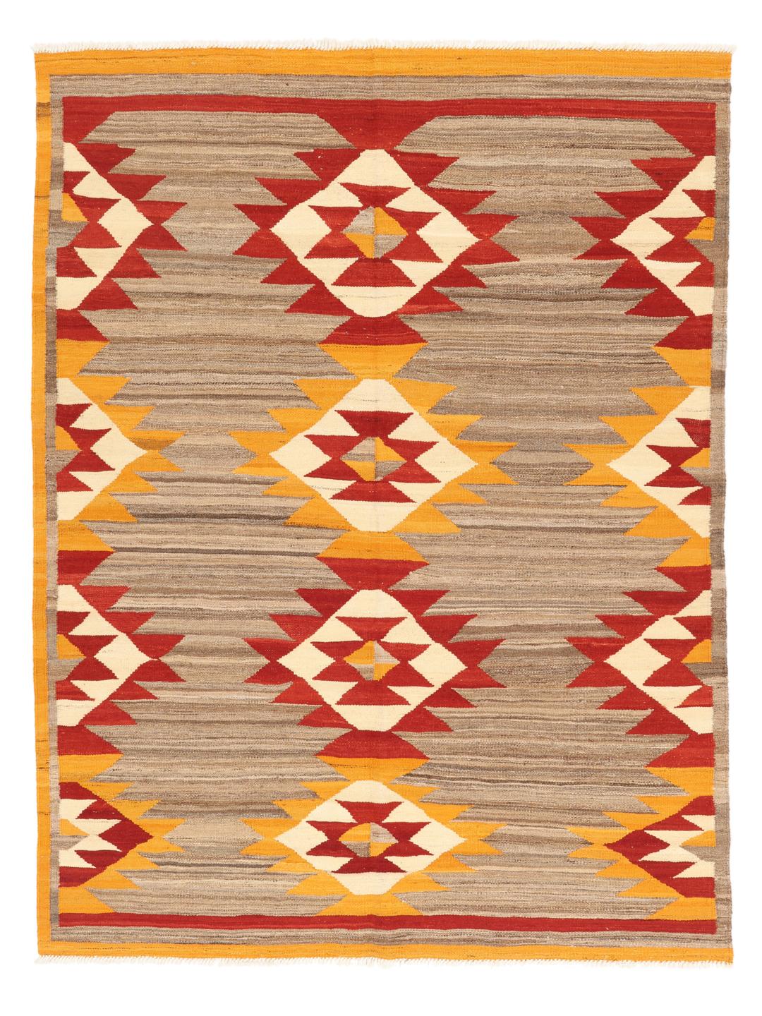 Hand-woven Afghan kilim rug with vibrant geometric patterns in red, yellow, and beige.