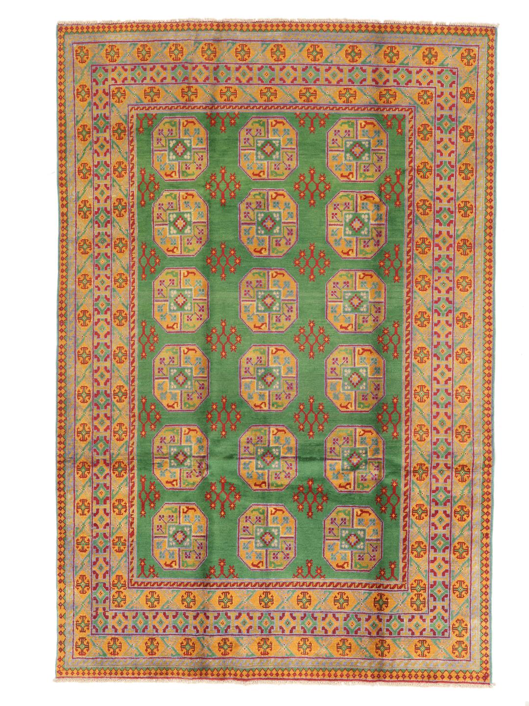 Tapis Afghan Akhche noué à la main avec un champ vert et des médaillons géométriques