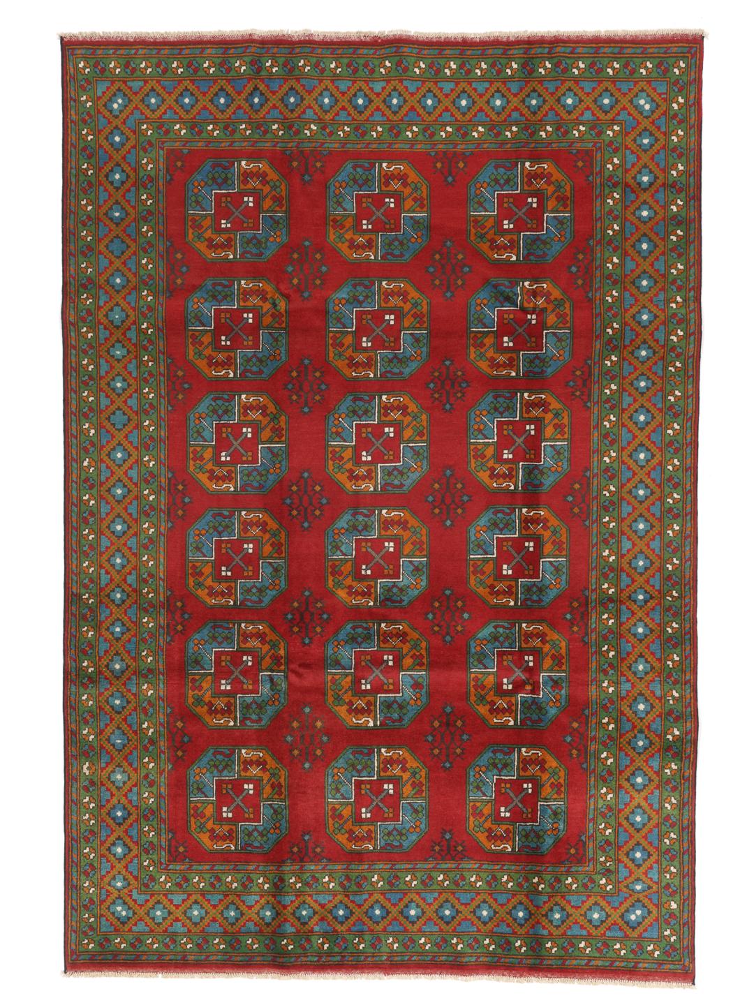 Tapis Afghan Akhche noué à la main avec un champ rouge et des motifs géométriques
