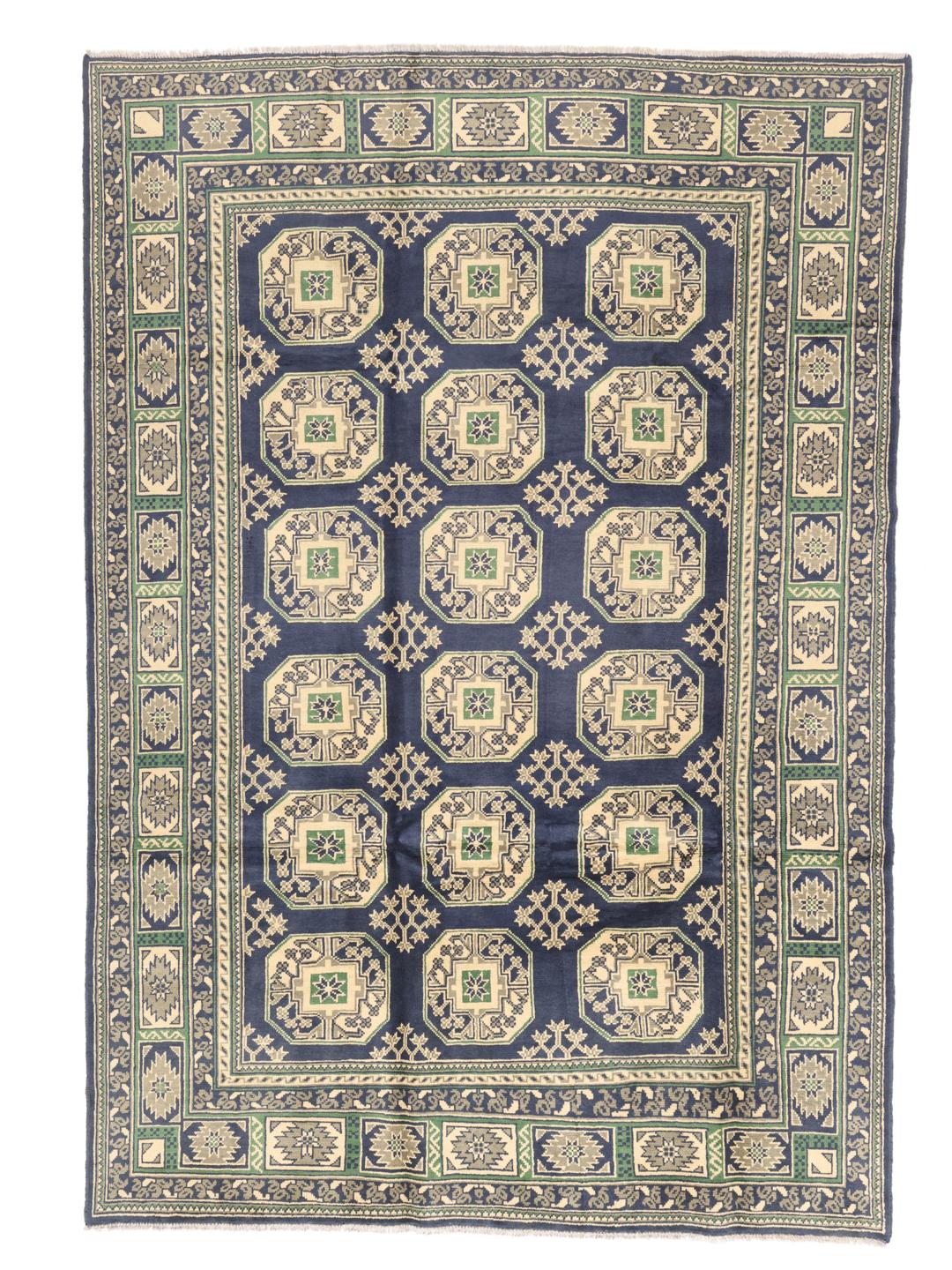 Met de hand geknoopt Afghan tapijt met een donkerblauw veld en geometrische patronen