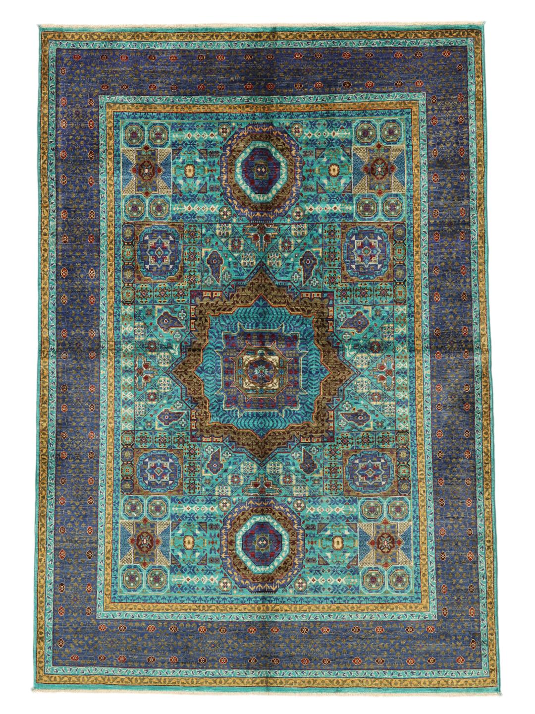 Håndknyttet Mamluk-tæppe fra Afghanistan i levende blå og blågrønne toner
