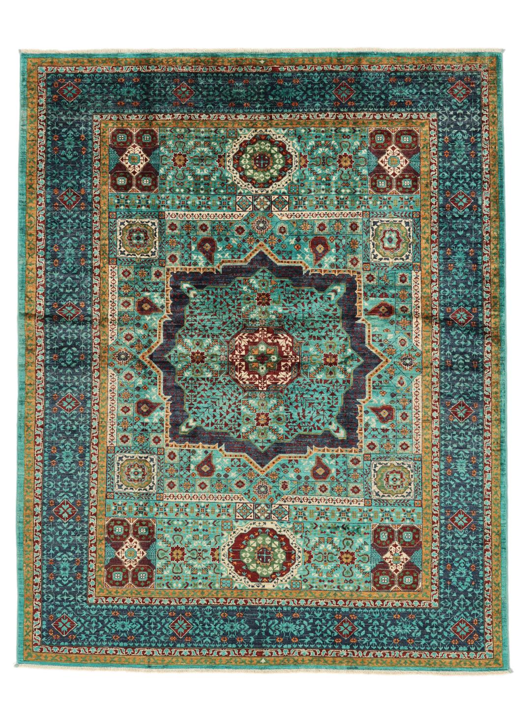 Handgeknoopt Mamluk-tapijt uit Afghanistan met een groenblauw veld en ingewikkelde geometrische patronen.