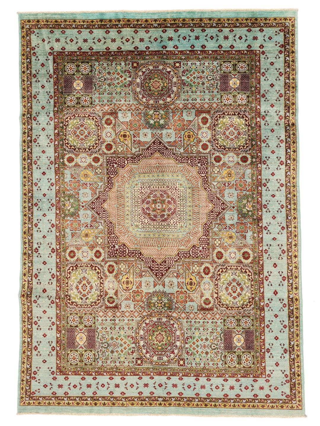 Handgeknoopt Afghaans Mamluk-tapijt met een geometrisch medaillonpatroon in lichtblauwe en warme aardetinten.