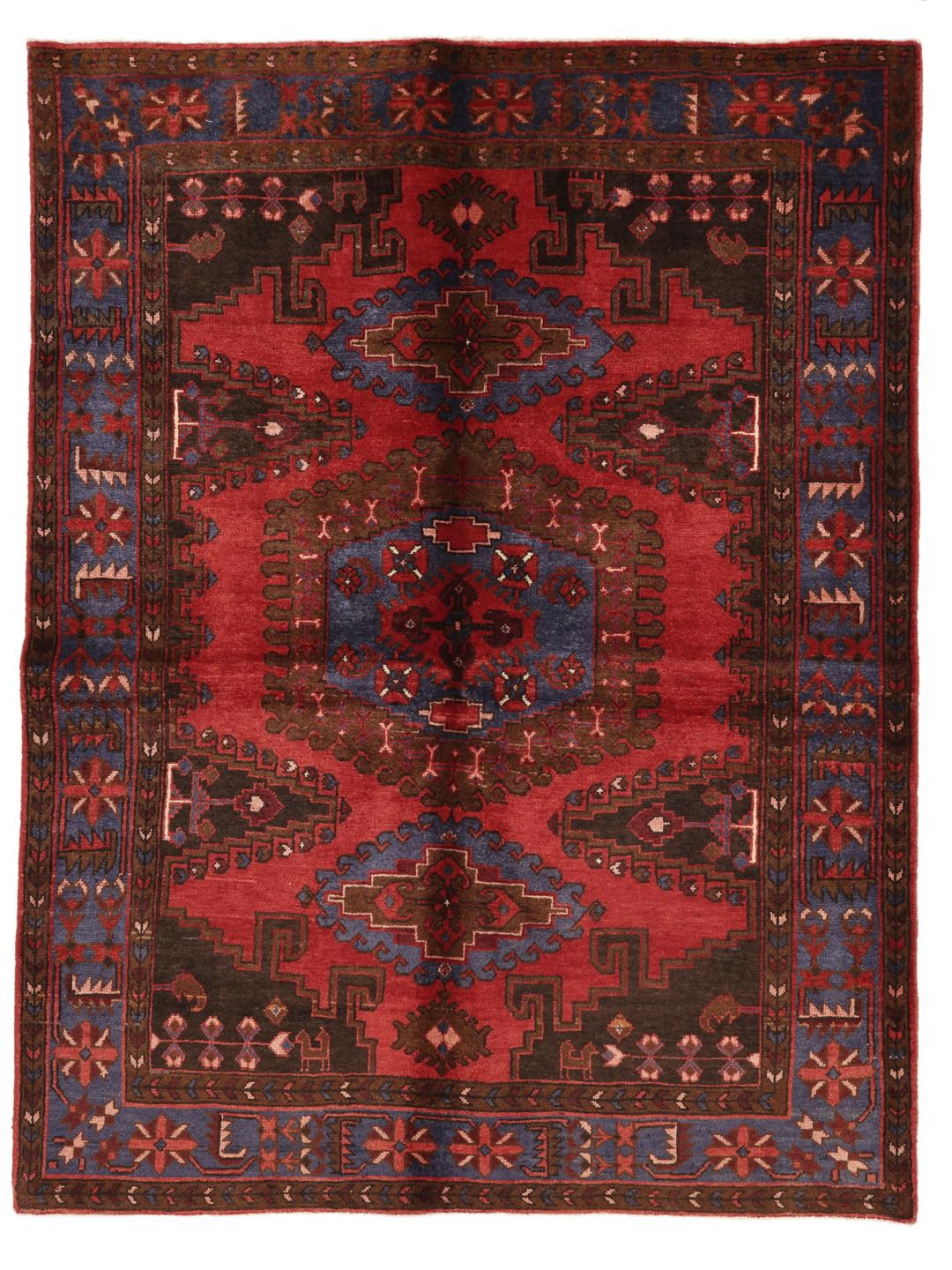 Handgeknoopt Wiss-tapijt met een traditioneel rood en blauw geometrisch patroon
