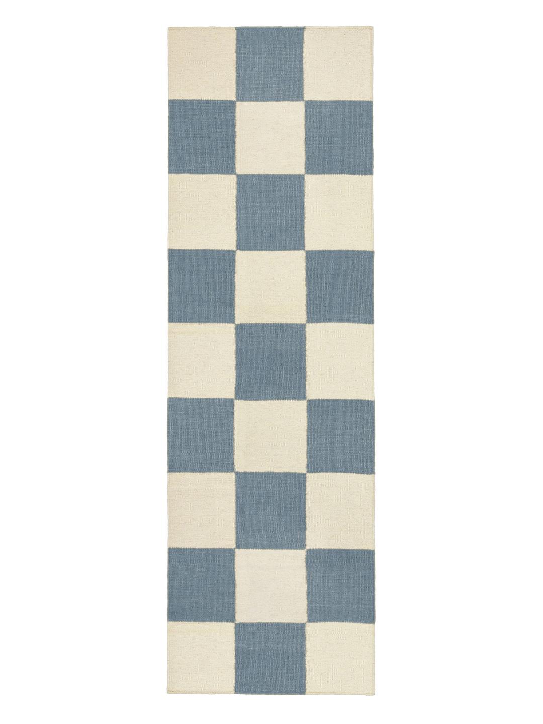 Met de hand geweven blauwe en beige loper