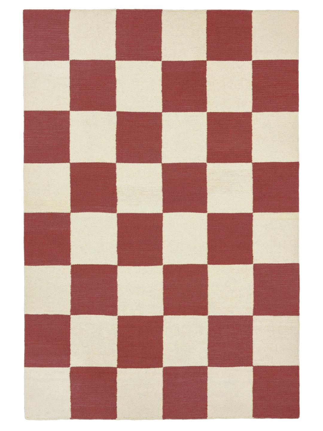 Handgeweven rood en beige vloerkleed met een opvallend ruitpatroon