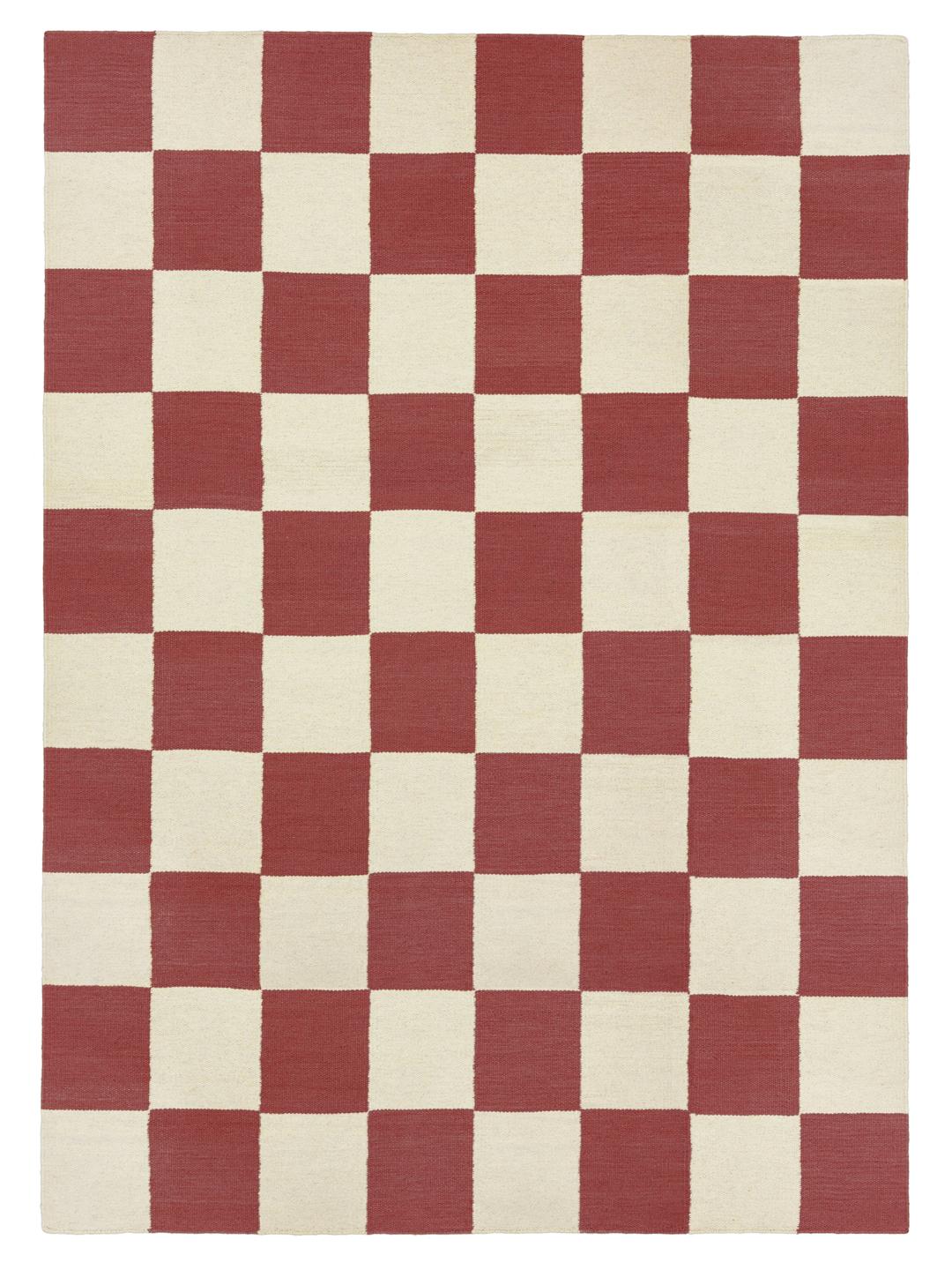 Handgeweven rood en beige vloerkleed met een opvallend ruitpatroon