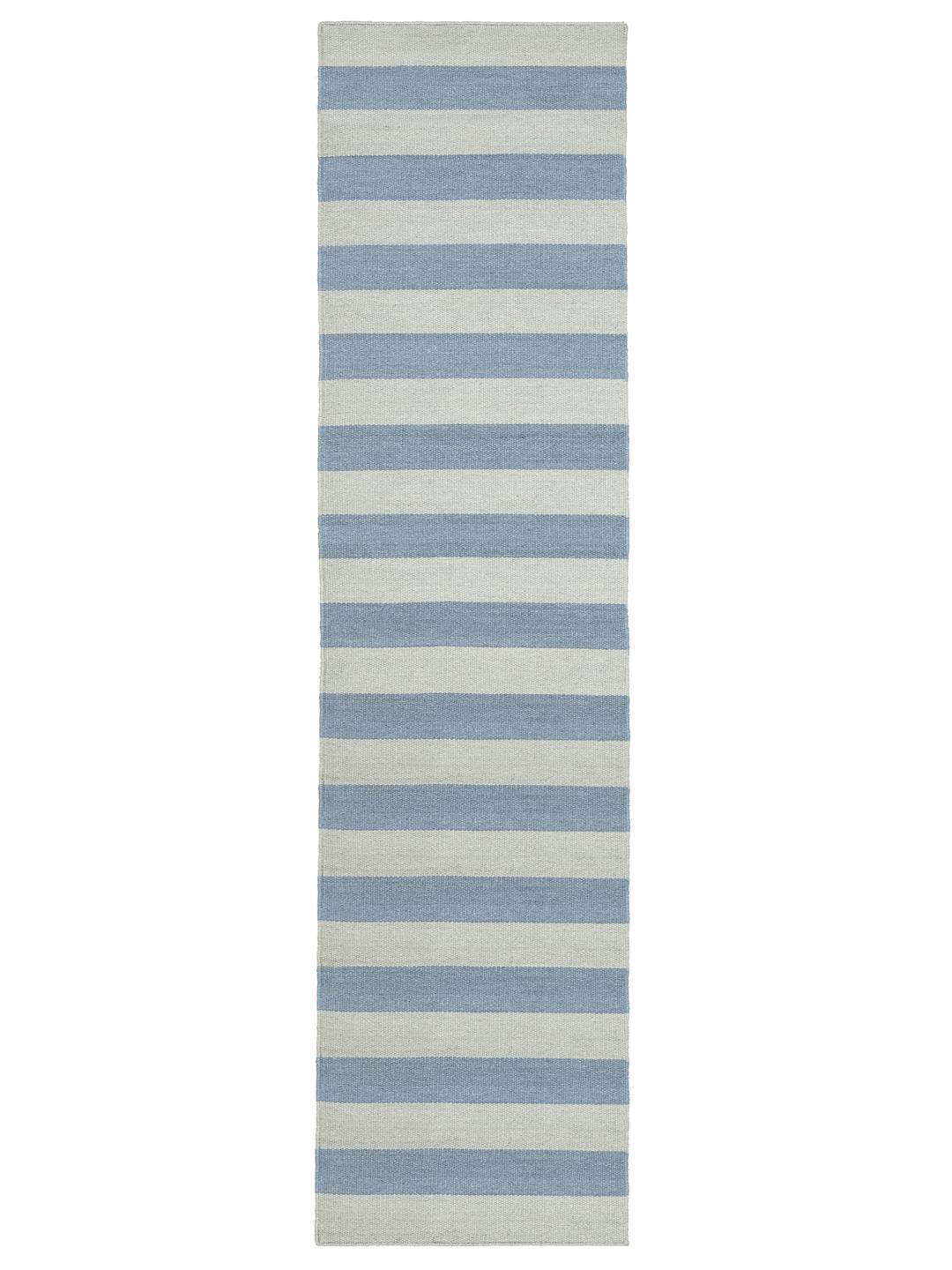 Un tapis de couloir rayé bleu et bleu clair.