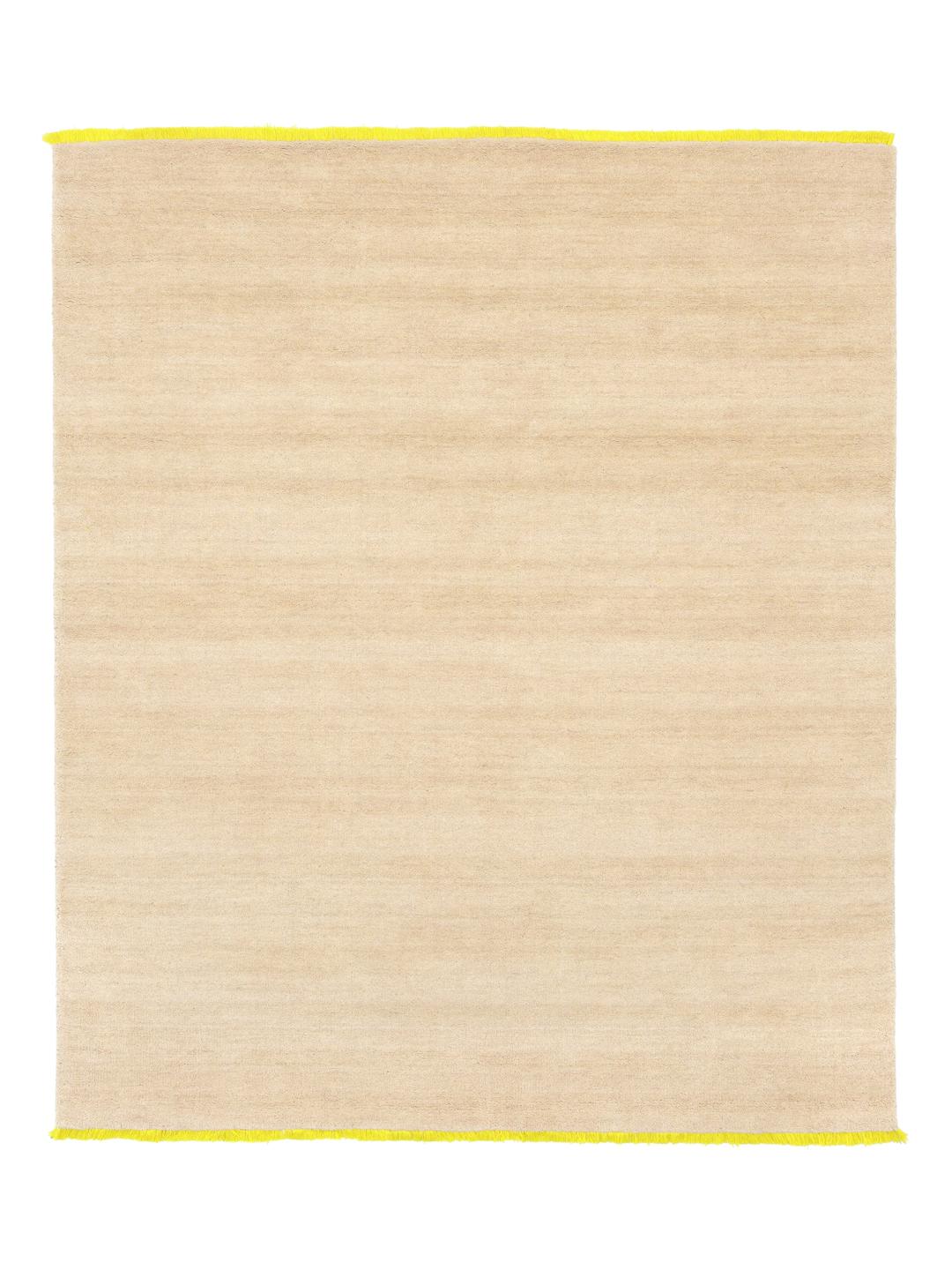 Beige wollen tapijt met levendige gele franjes