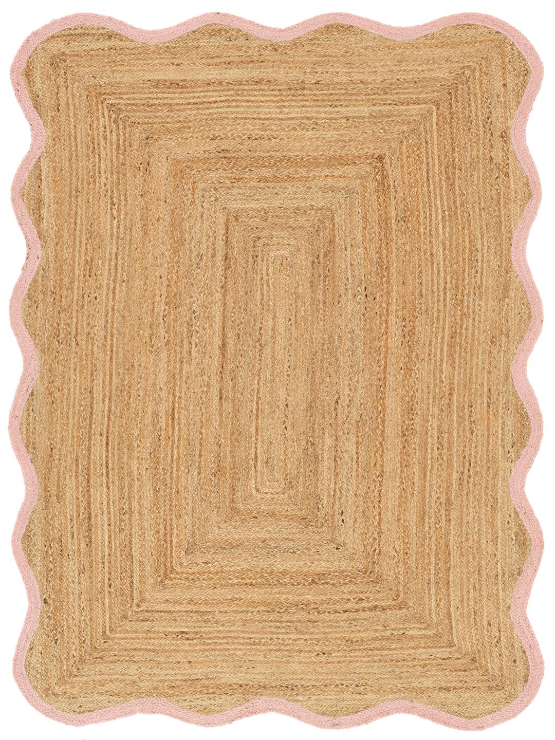 Tapis beige et rose avec une bordure ondulée