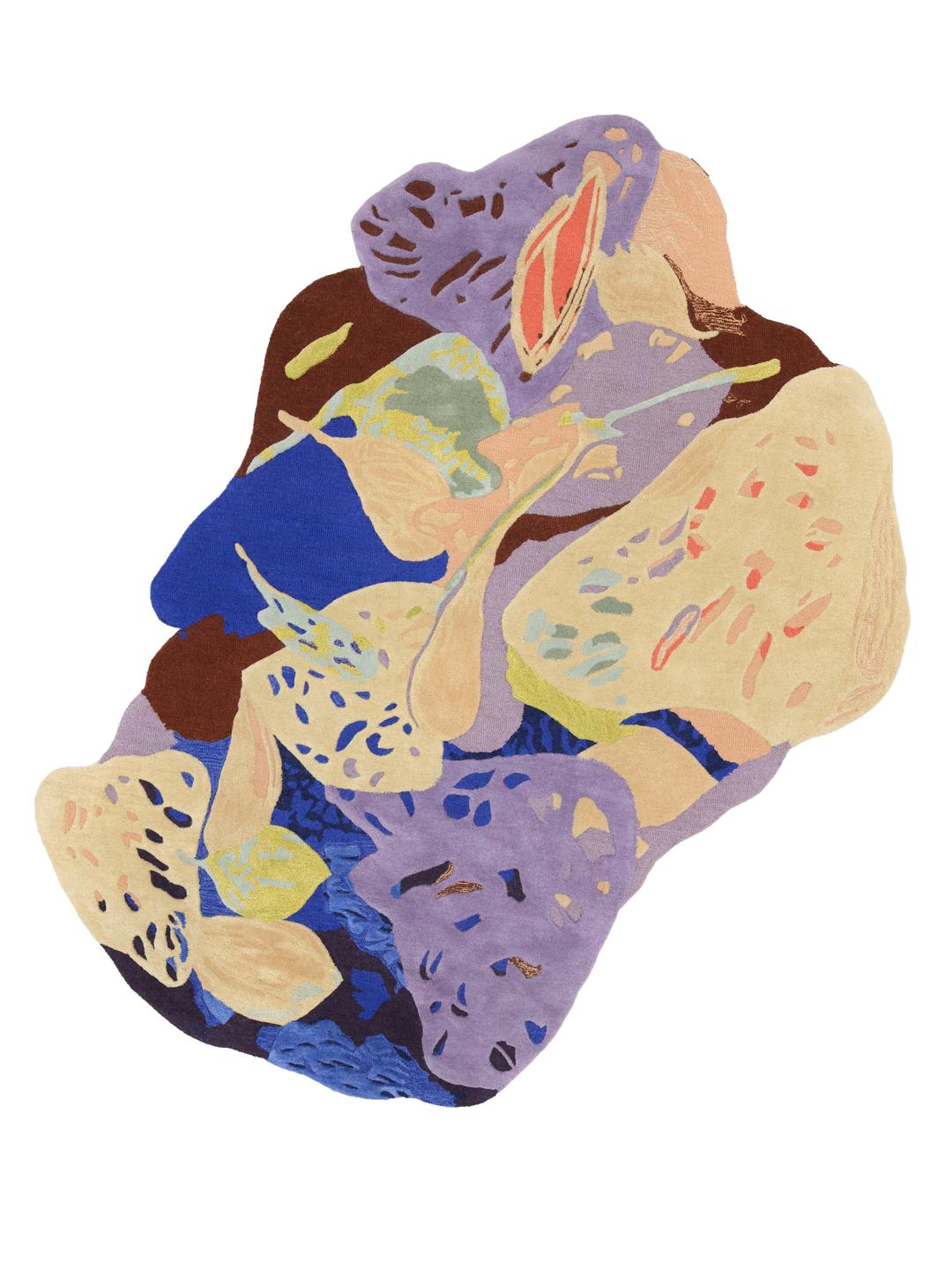 Onregelmatig gevormd multicolor wollen vloerkleed met abstracte organische patronen