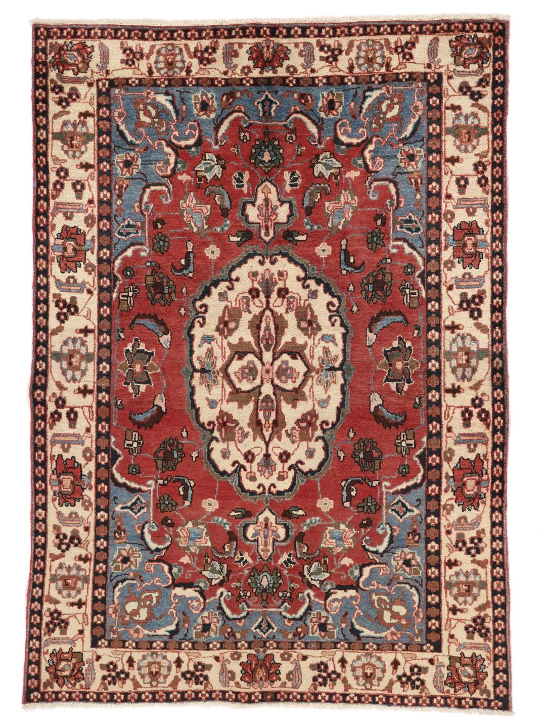 Handgeknoopt rood en blauw Mahal wollen tapijt uit het Midden-Oosten.