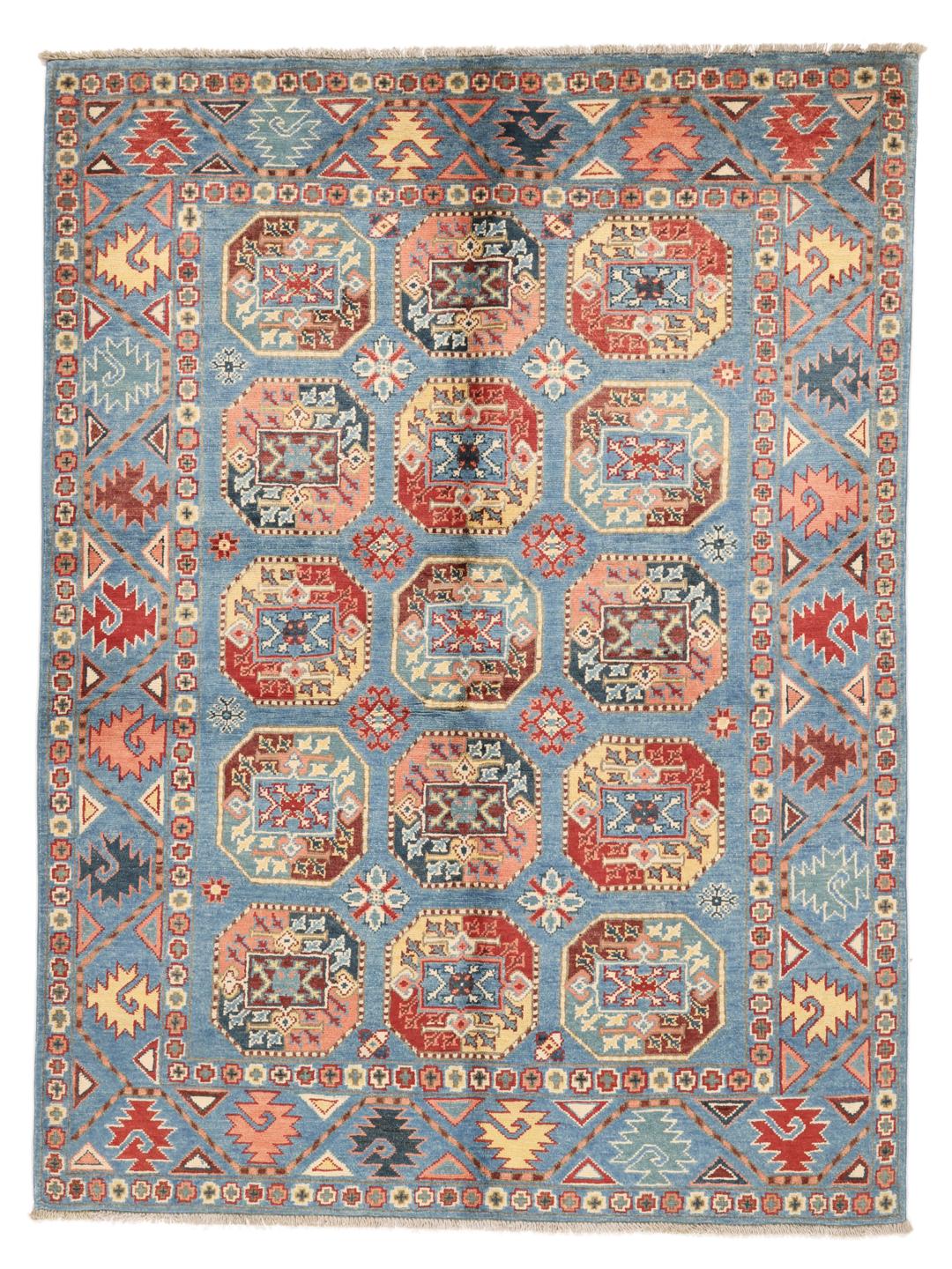 Handgeknoopt Afghaans Kazak-tapijt met geometrische motieven op een blauwe achtergrond