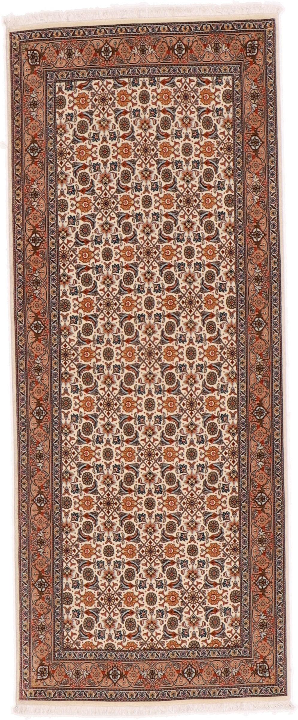 Håndknyttet Tabriz løber med indviklede blomstermønstre i beige og dæmpede røde toner fra Mellemøsten