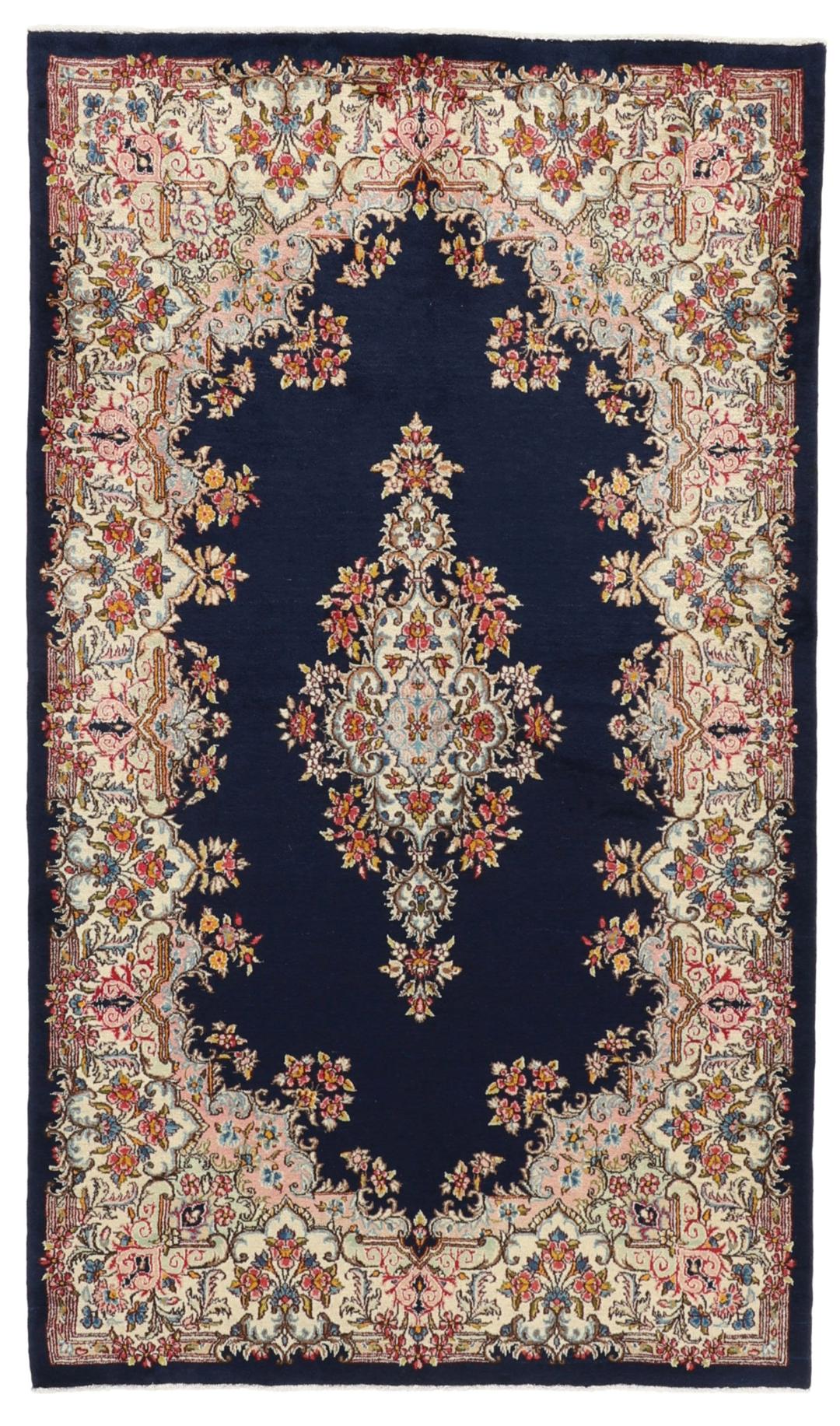 Tappeto Kerman annodato a mano proveniente dal Medio Oriente in blu scuro con intricati motivi floreali