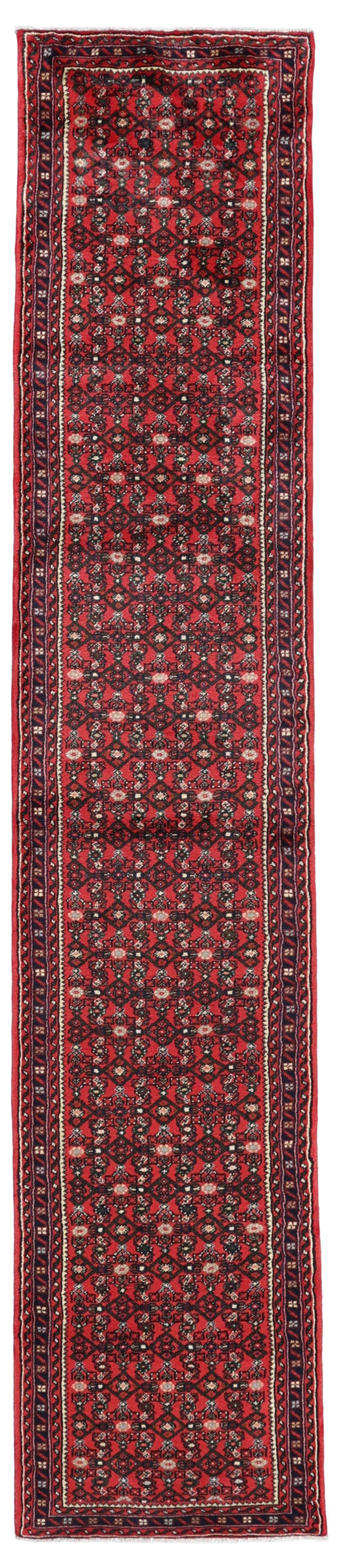 Hand-knotted Hosseinabad runner with a geometric pattern in red and dark blue
