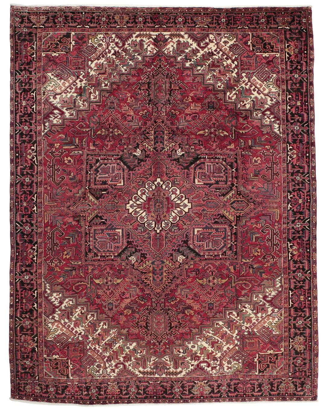 Handgeknoopt Heriz tapijt uit het Midden-Oosten met een gedurfd rood geometrisch patroon