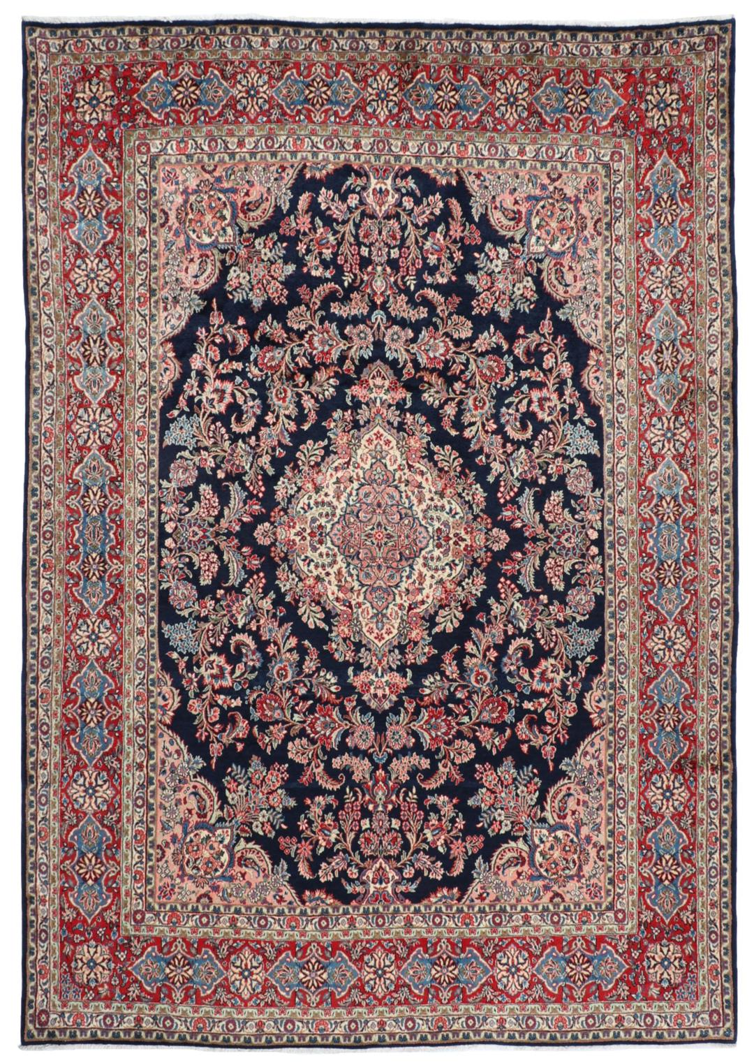 Et håndknyttet Hamadan Shahrbaf-tæppe fra Mellemøsten med en mørkeblå bund og blomstermotiver