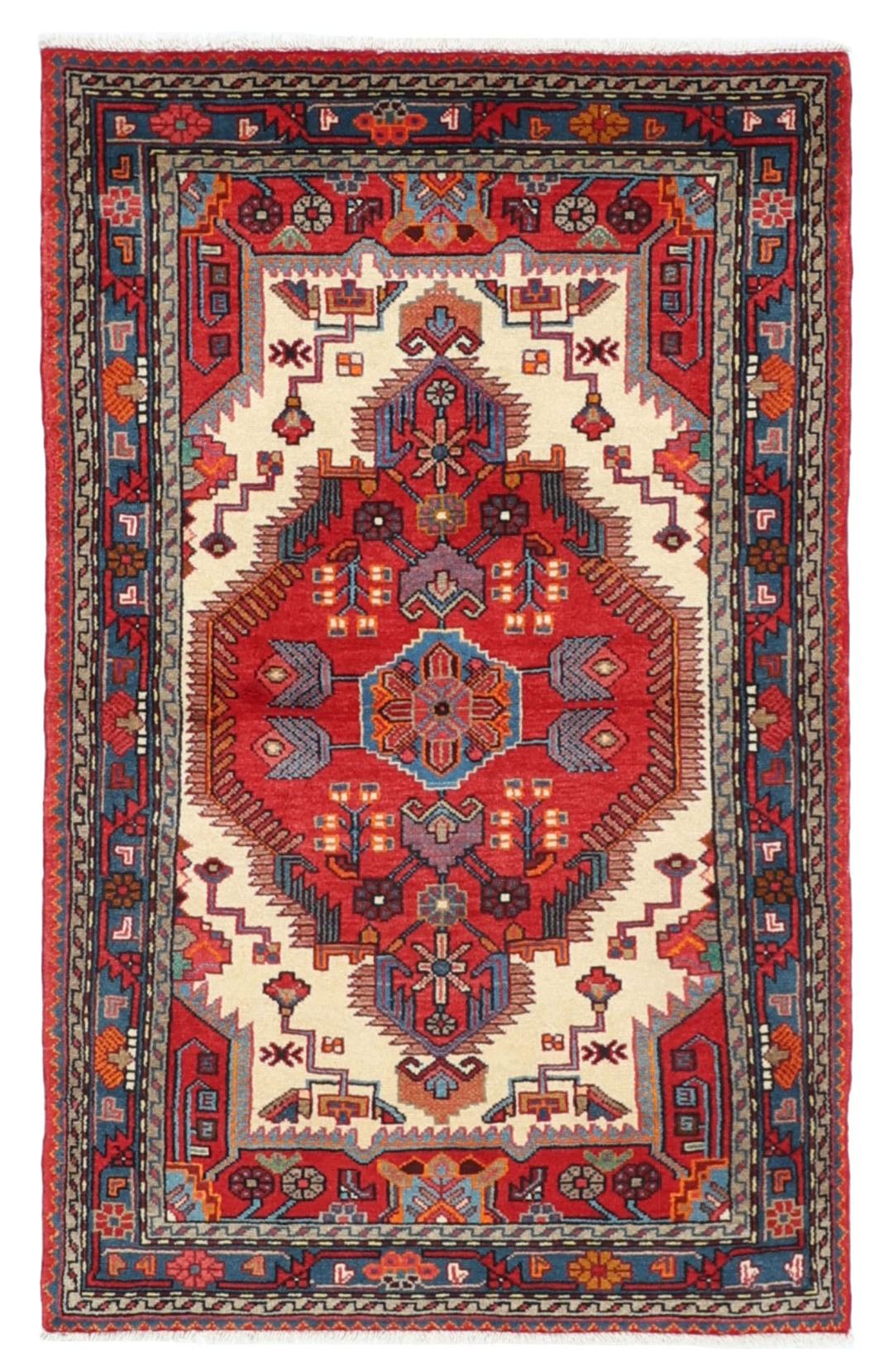 A hand-knotted Hamadan rug from the Middle East featuring a vibrant red and blue geometric design.