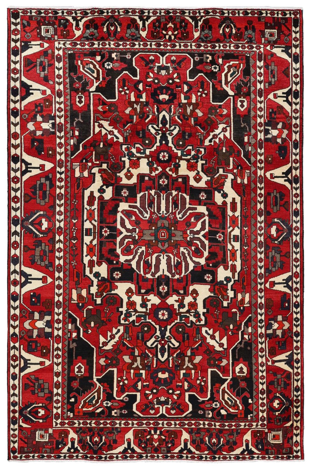 A hand-knotted Middle Eastern Bakhtiari rug featuring a bold red and black floral medallion design.