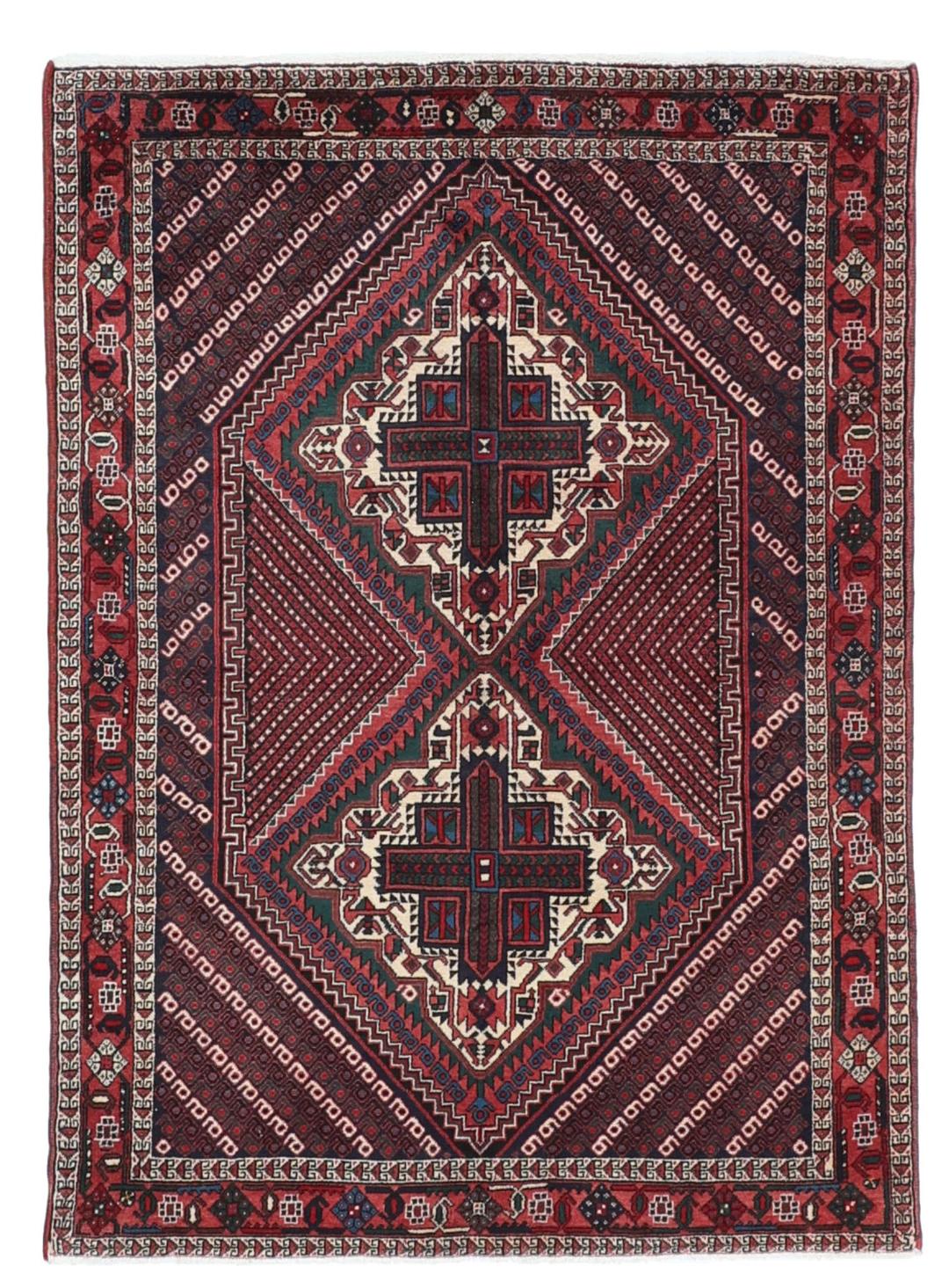 Handgeknoopt Afshar Shahre Babak-tapijt met geometrische patronen in rood en blauw