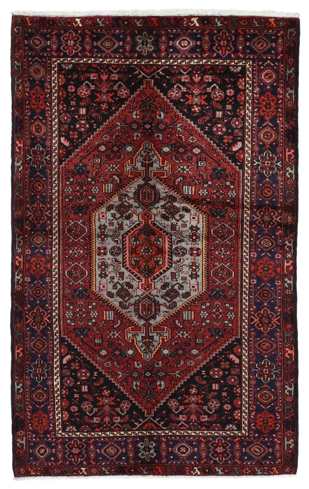 Hand-knotted Hamadan rug from the Middle East in dark red and black tones