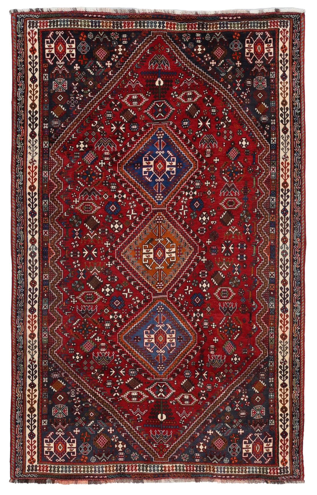 Handgeknoopt Shiraz-tapijt met traditionele tribale patronen uit het Midden-Oosten in rood en blauw