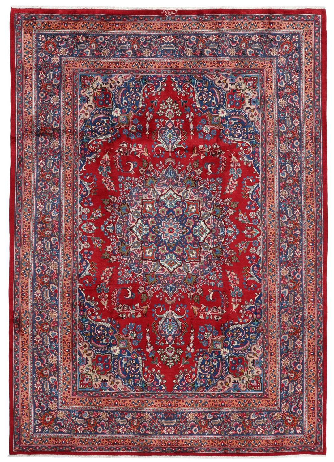 Tapis Mashad noué à la main provenant du Moyen-Orient dans des tons rouge profond et bleu