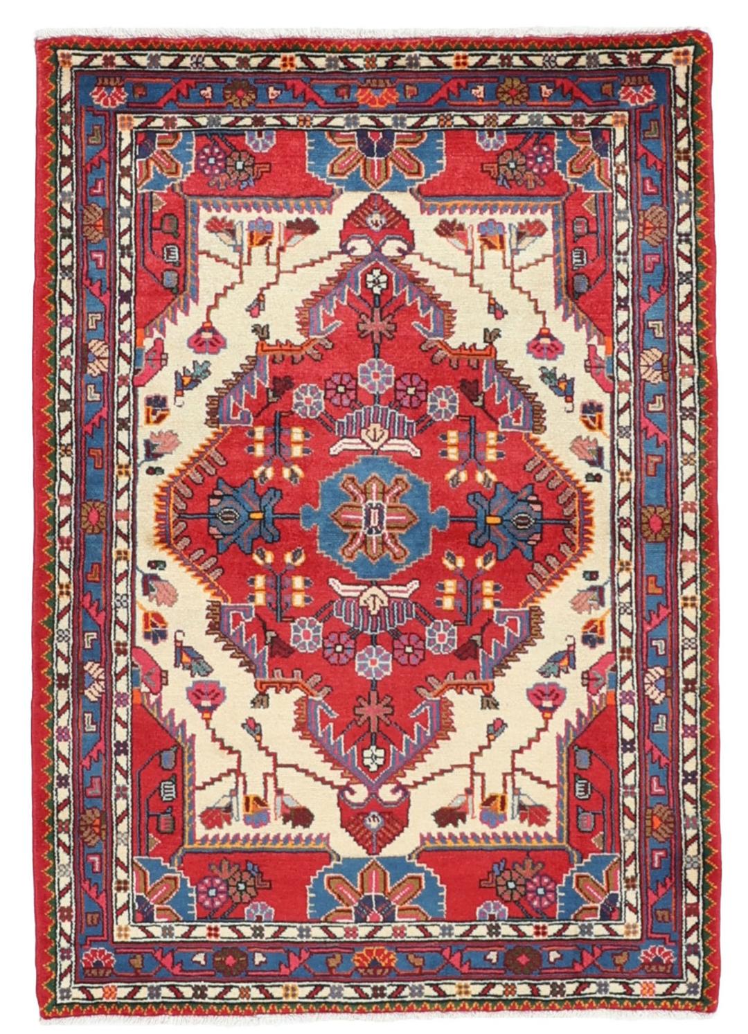 Hand-knotted Hamadan rug featuring a red field with blue and cream geometric motifs