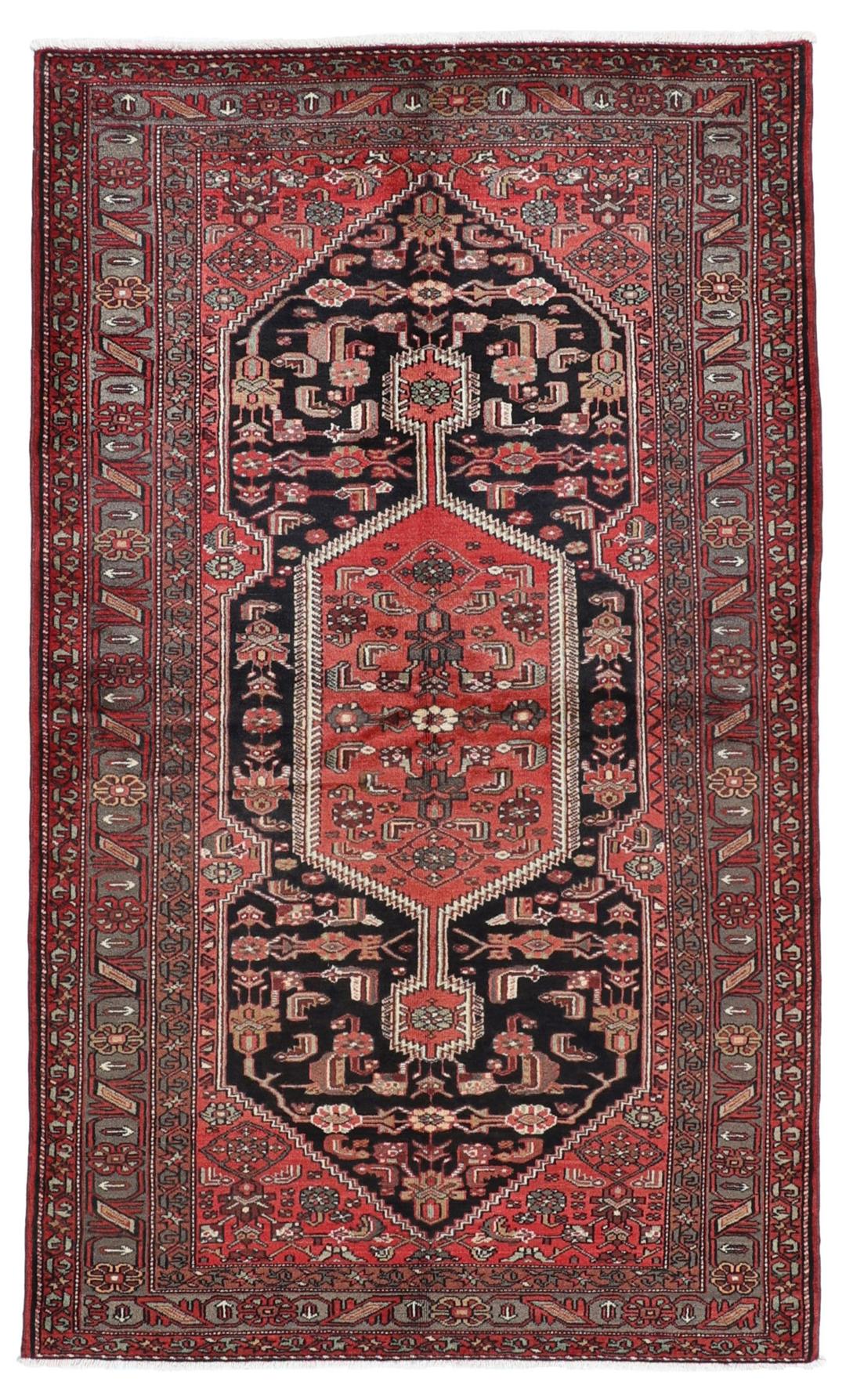 Hand-knotted Hamadan rug from the Middle East in deep dark-red and black tones.