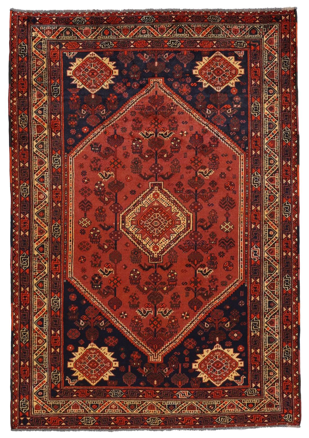 Handgeknoopt Shiraz tapijt met een dieprood en blauw geometrisch tribaal ontwerp