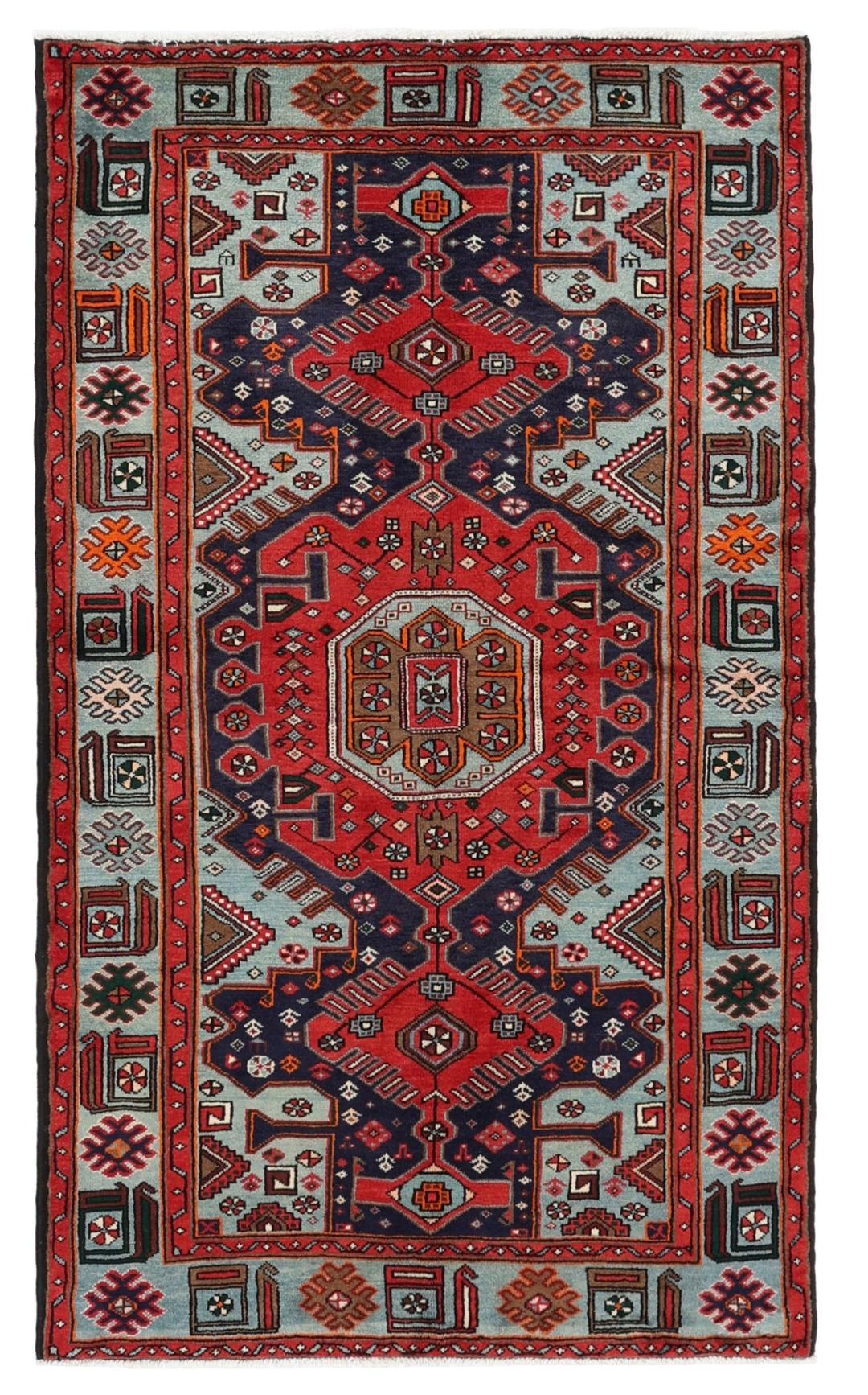 Hand-knotted Hamadan rug with traditional geometric patterns in red and blue tones from the Middle East