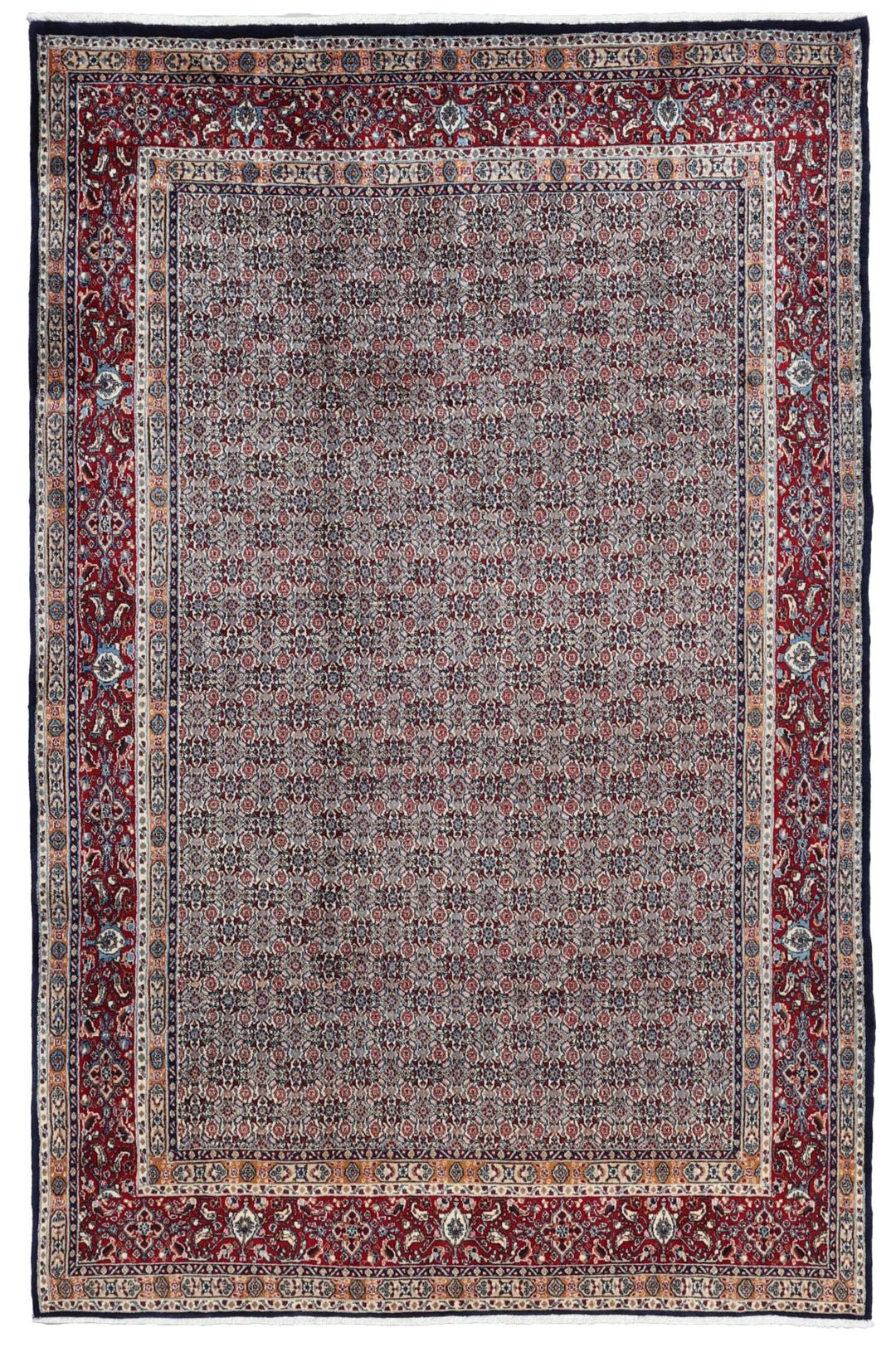 Hand-knotted Moud rug from the Middle East in shades of red and blue