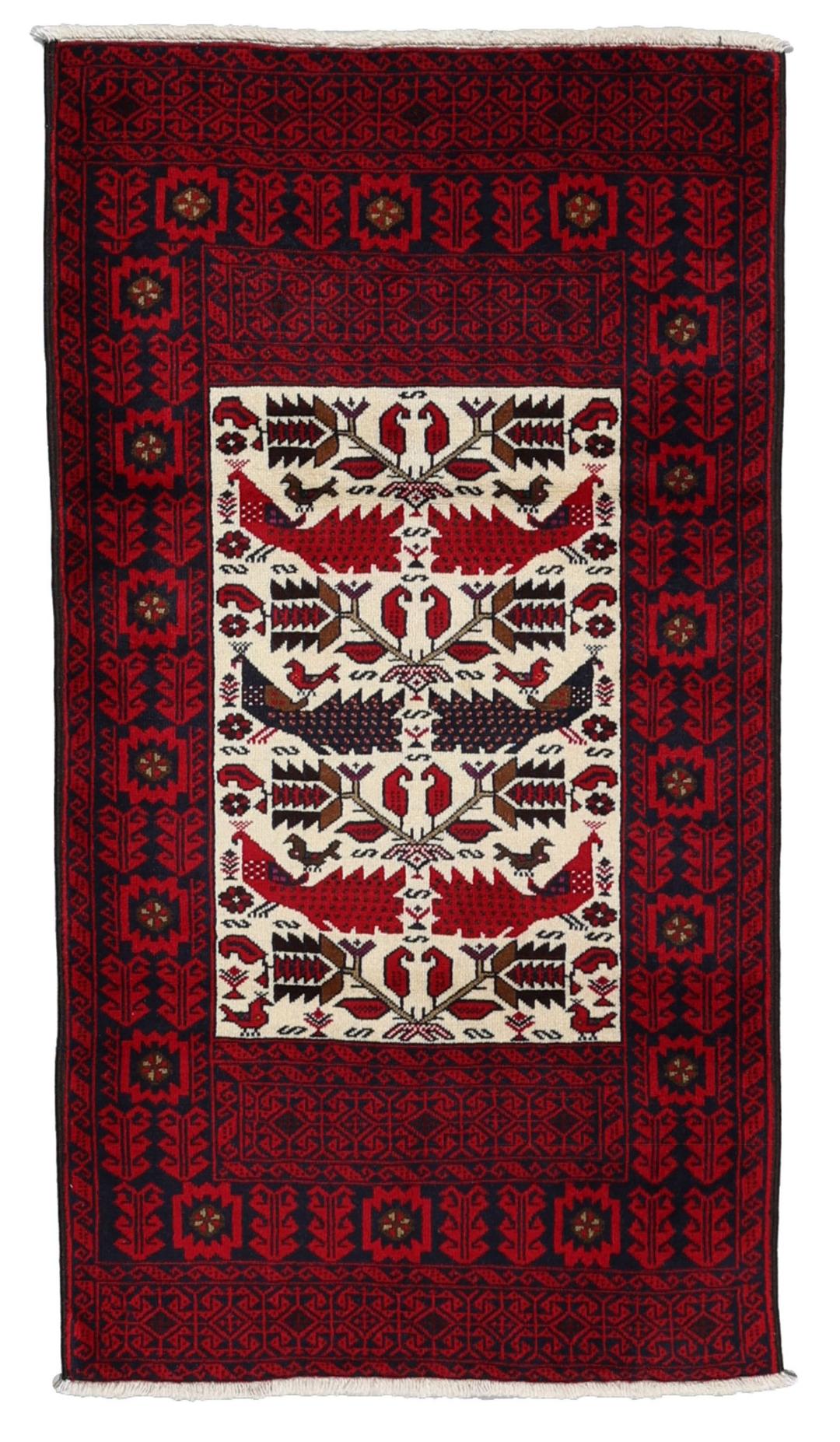 Hand-knotted Middle Eastern Baluch rug in red and cream tones