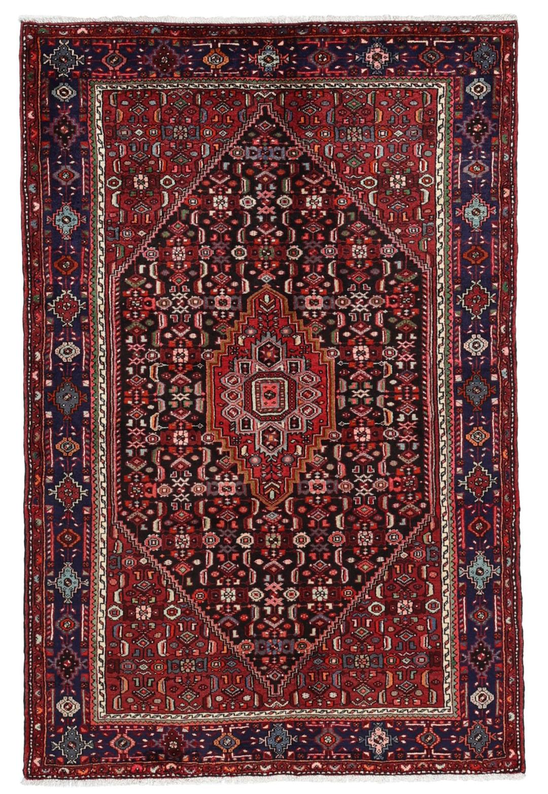 Hand-knotted Hamadan rug from the Middle East in dark-red and dark-blue tones.