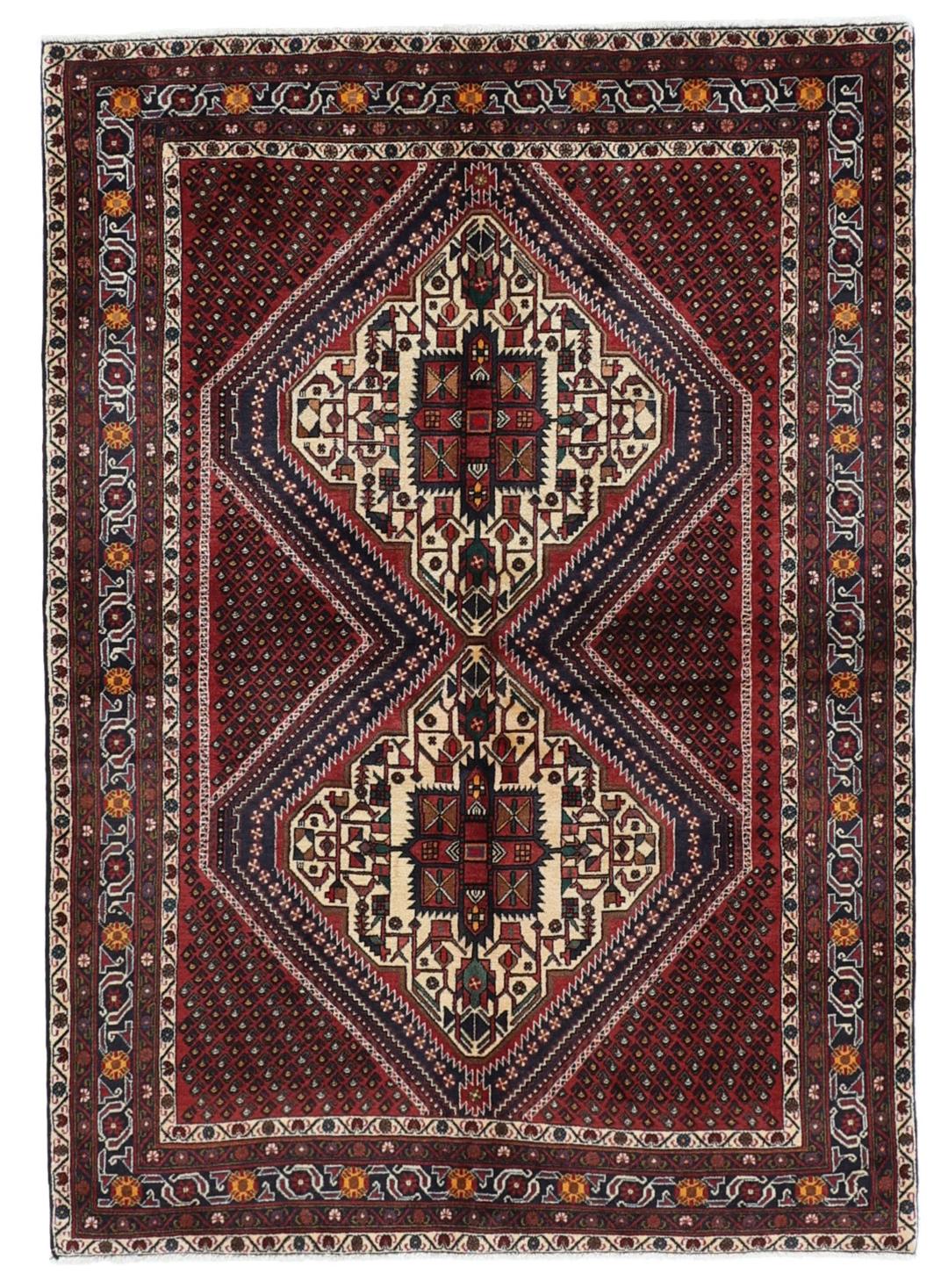 Hand-knotted Afshar Shahre Babak rug from the Middle East in dark-red