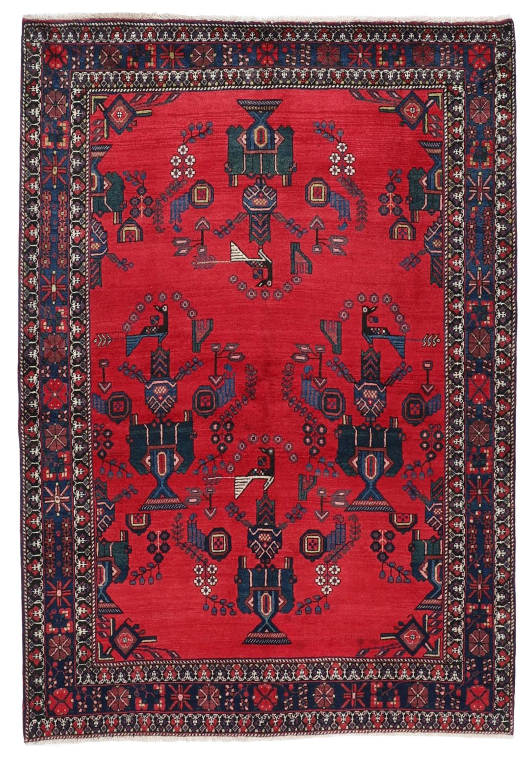 Handgeknoopt Afshar-tapijt uit het Midden-Oosten met een levendig rood veld en tribale motieven
