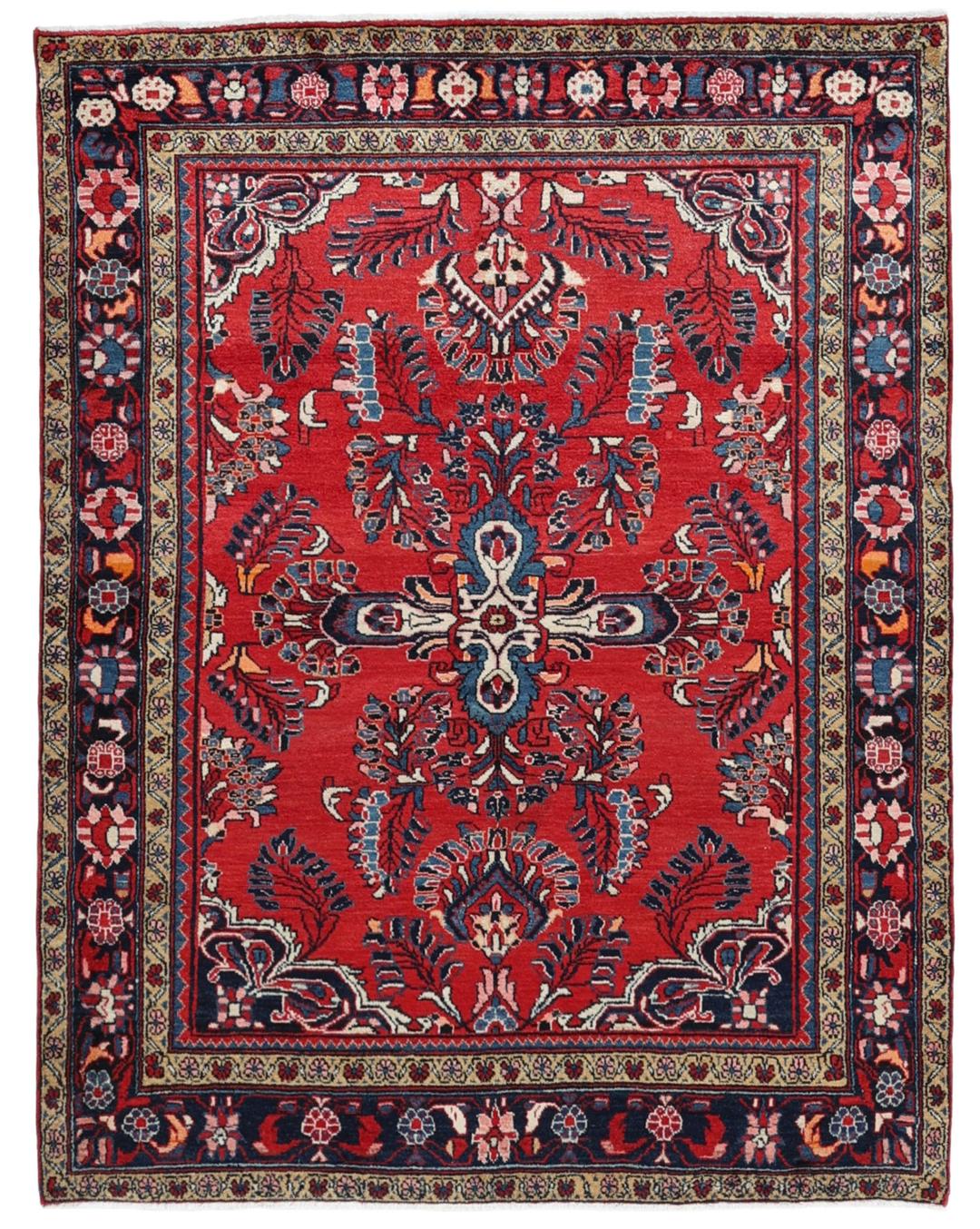 Handgeknüpfter Teppich aus dem Nahen Osten mit einem satten roten Grund und filigranen floralen Mustern.