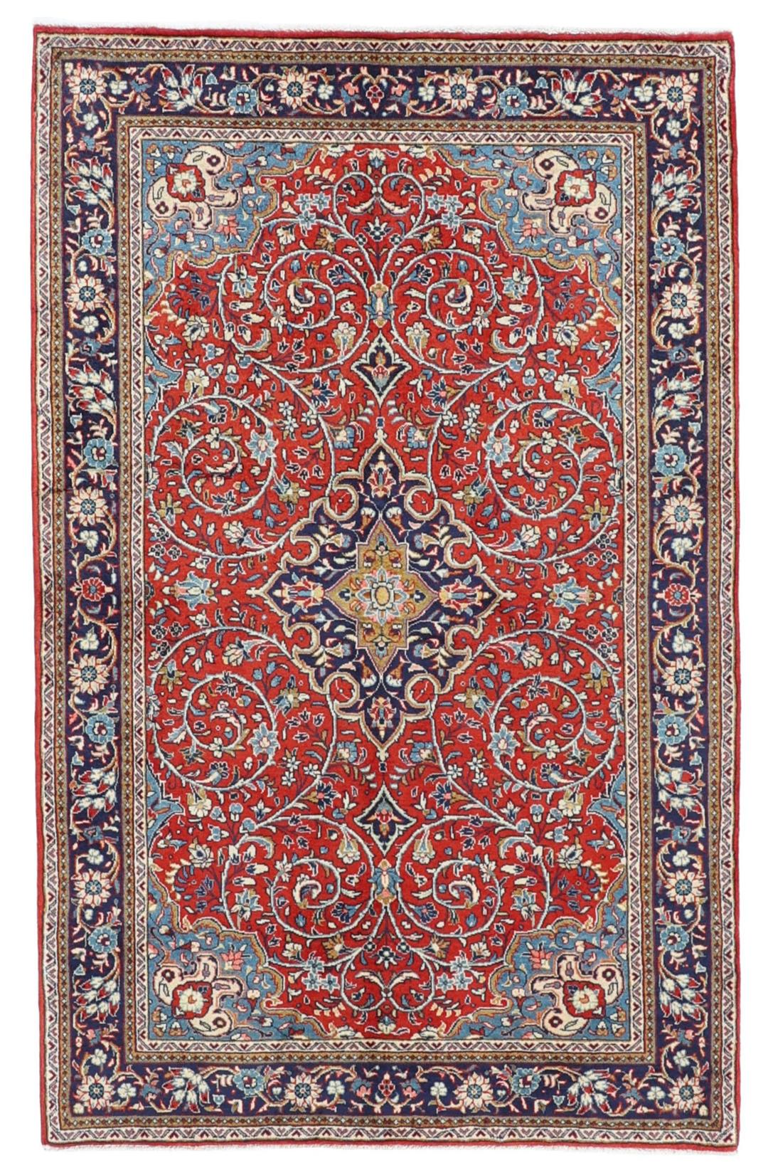 Hand-knotted Sarough rug with floral pattern in red and blue
