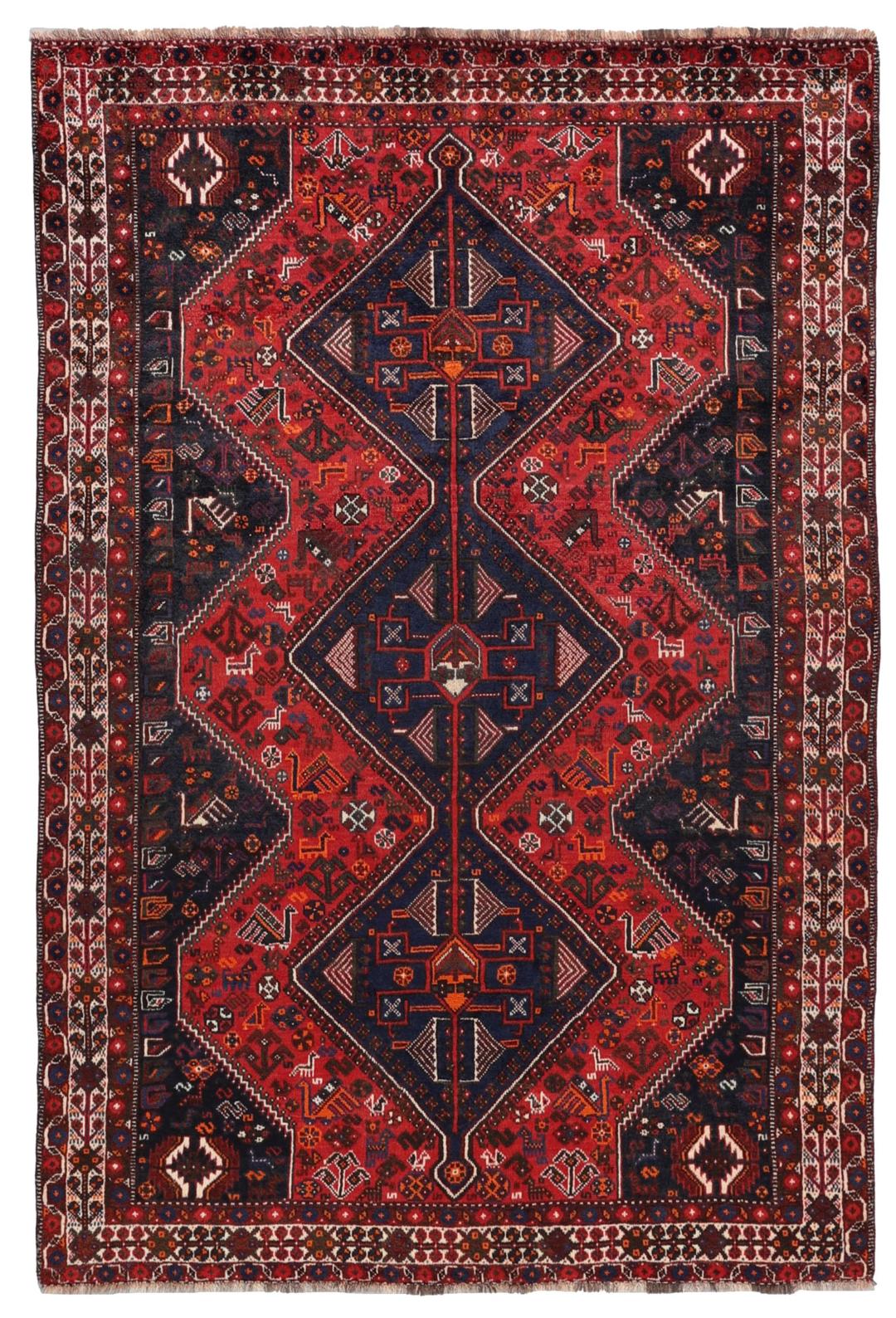Handgeknoopt Shiraz-tapijt uit het Midden-Oosten met een levendig rood en blauw geometrisch ontwerp.