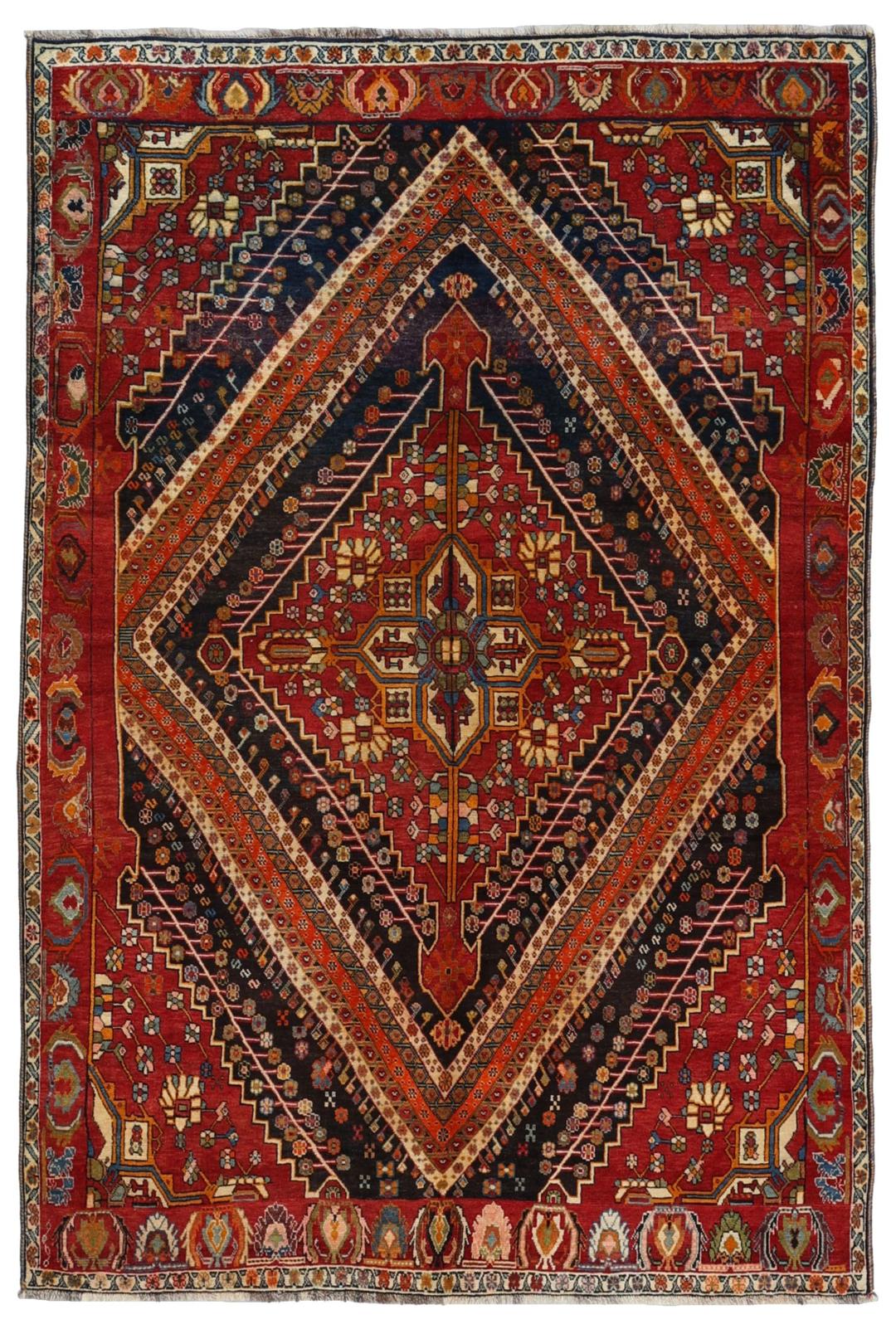 Een handgeknoopt Khashkuli-tapijt uit het Midden-Oosten met een donkerrood en blauw geometrisch ontwerp.