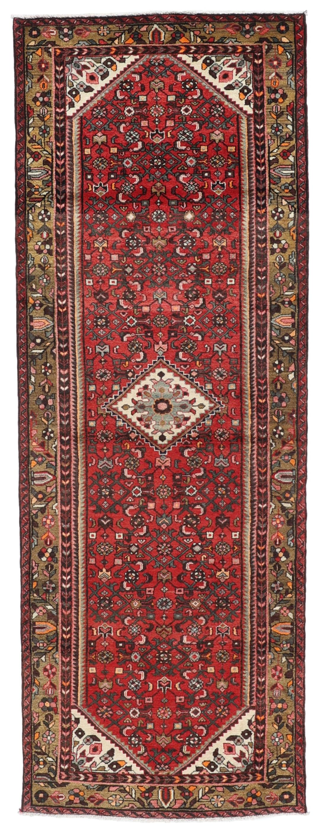 Hand-knotted Middle Eastern runner rug in vibrant red with intricate geometric patterns