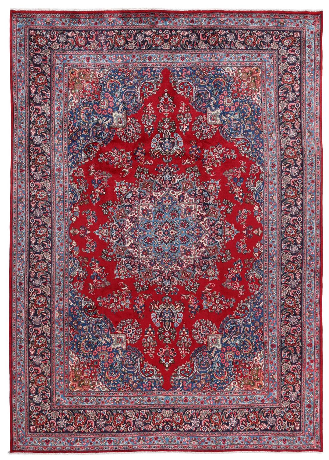 Tapis Mashad noué à la main provenant du Moyen-Orient avec un velours en laine rouge foncé et un motif floral