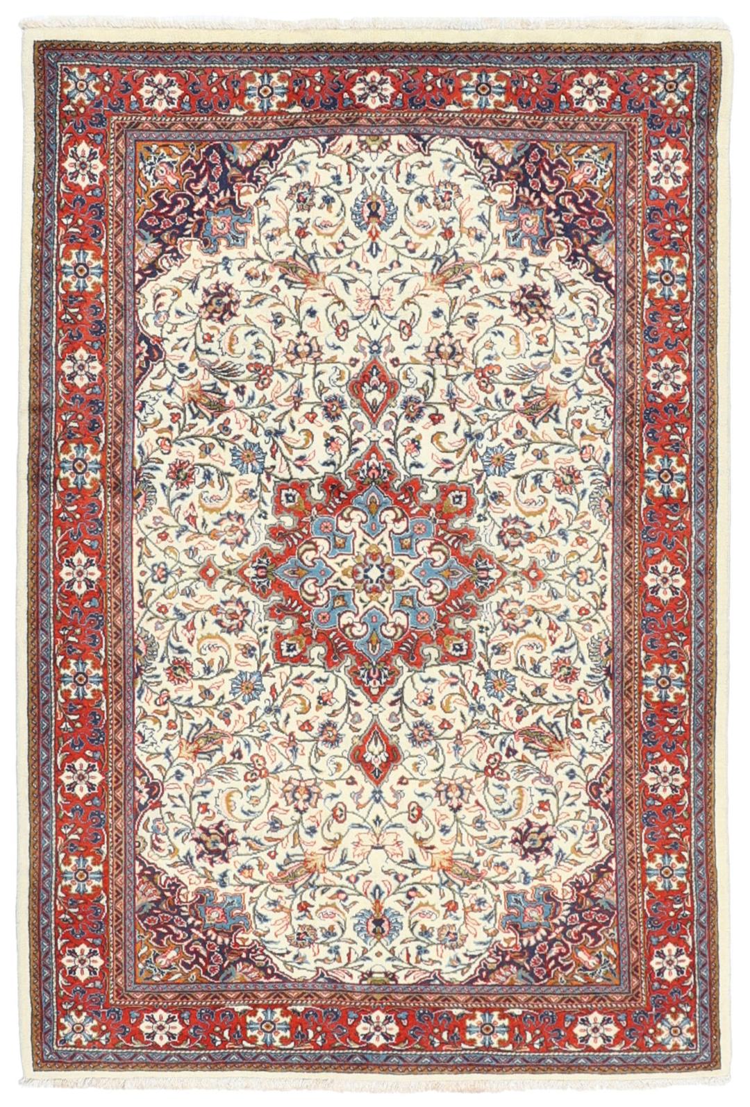 Hand-knotted Sarough wool rug with floral medallion in red and beige