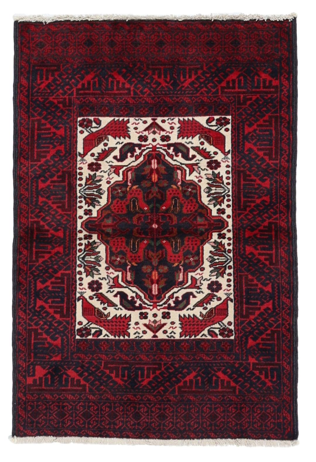 Handgeknoopt Beluch-tapijt in rood en blauw met traditionele tribale patronen