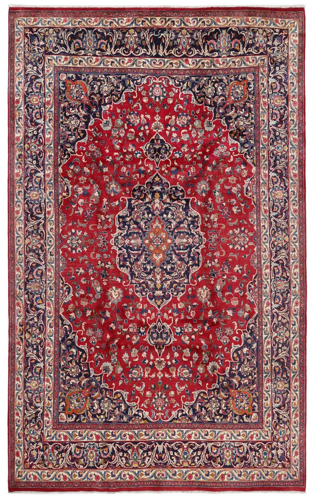 Håndknyttet Mashad-tæppe fra Mellemøsten i dybrød med blomstermotiver